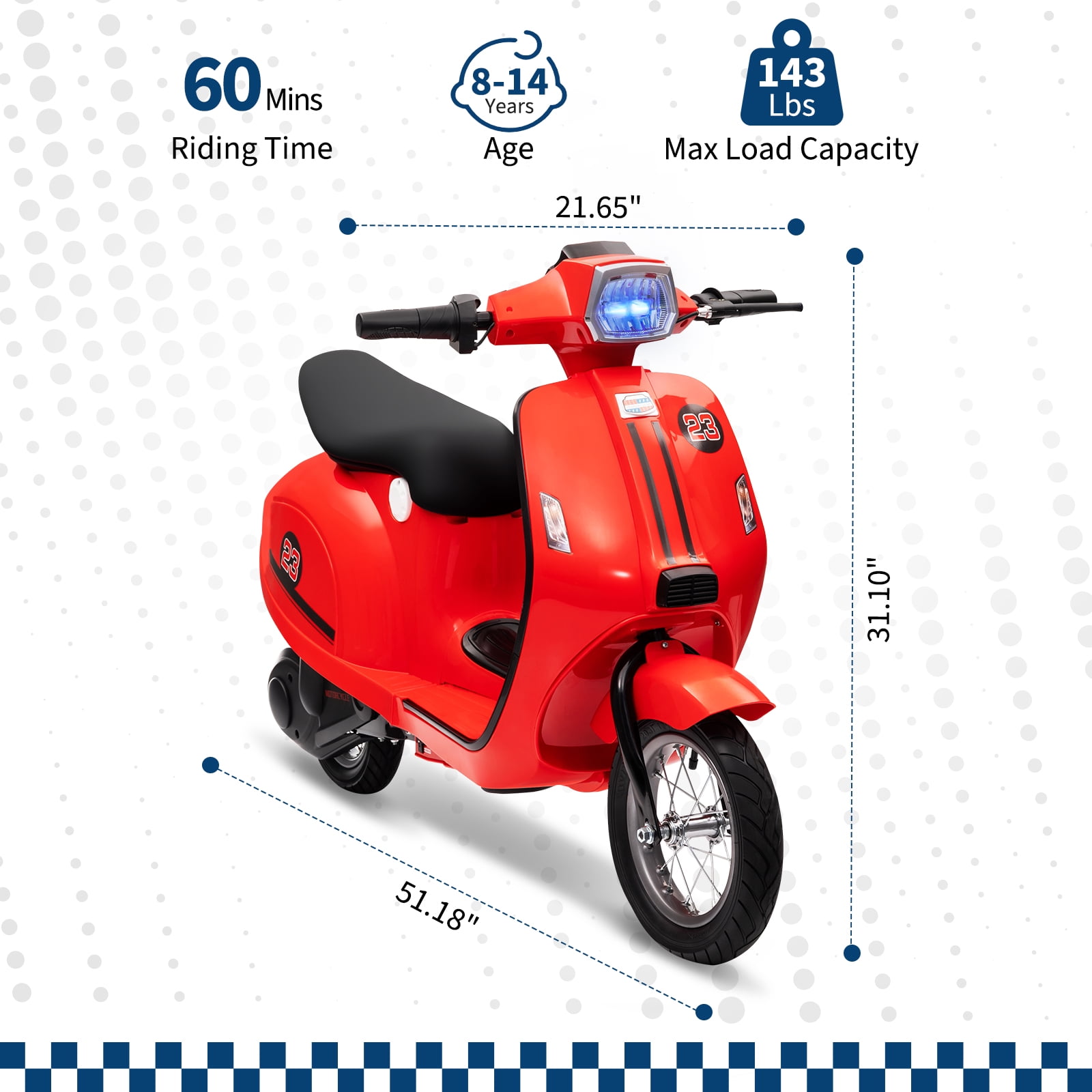 Tuekys Electric Moped Scooter for Kids, 24V 350W Ride-on Motorcycle with LED Lights (Red, 51.18 in) vu0ys