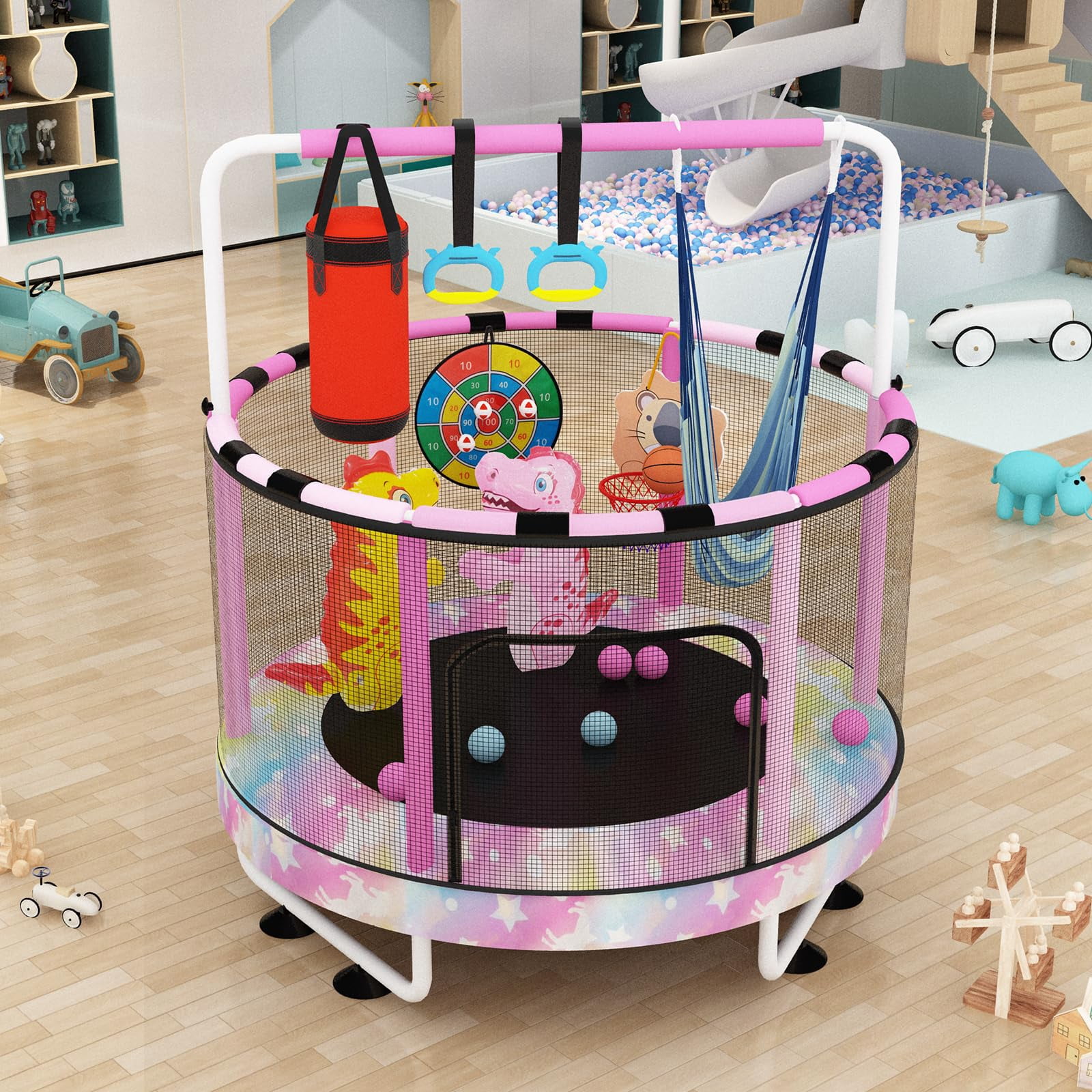 Baxluxe 55 in 7-in-1 Kids Trampoline, Indoor Outdoor Activity Center with Basketball Hoop & Swing (Rainbow, 500 lb) utuqm