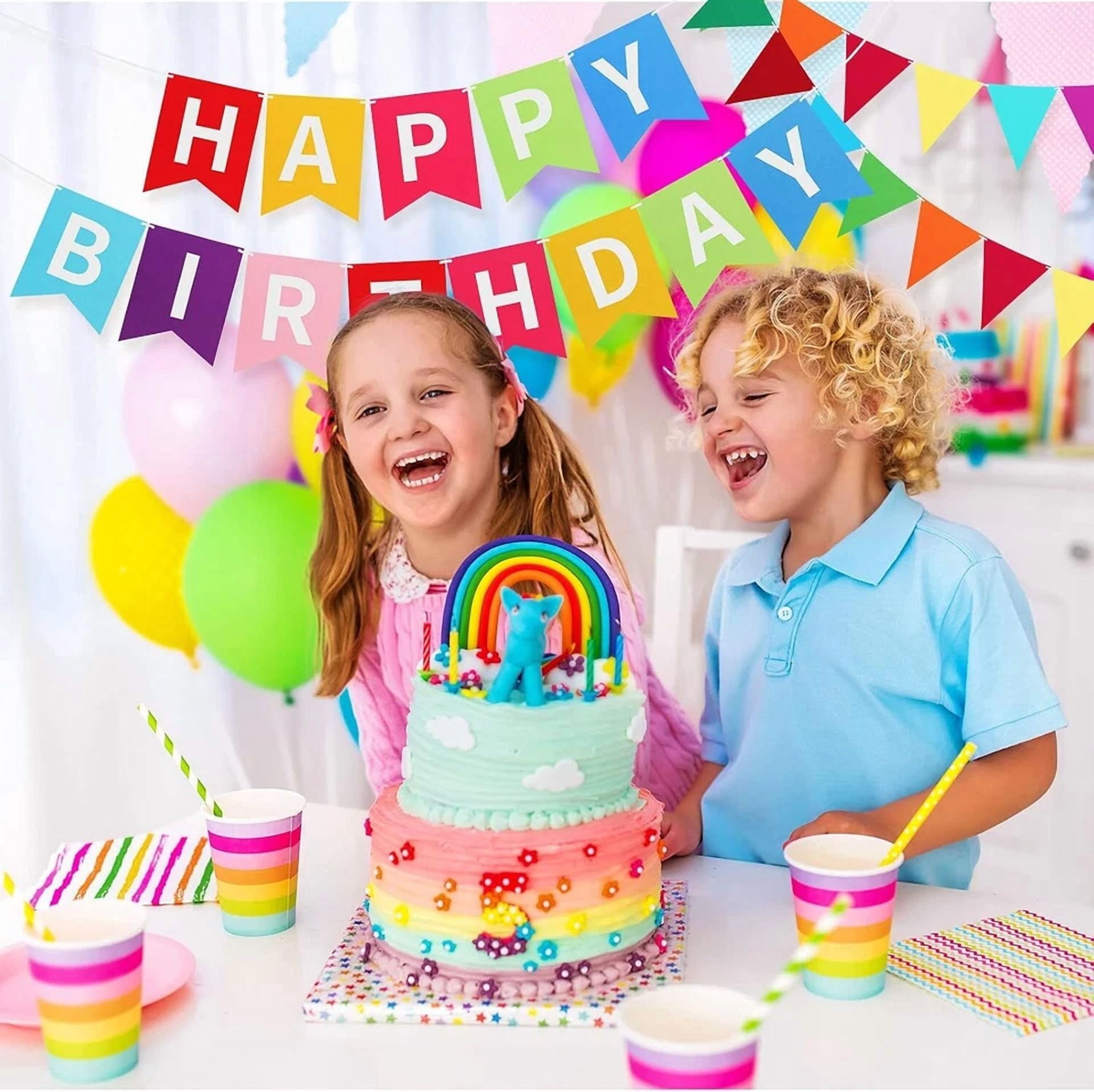 KLYNE Happy Birthday Banner Set Colorful Rainbow Felt Garland Party Decor (4 Pieces) 3sskg