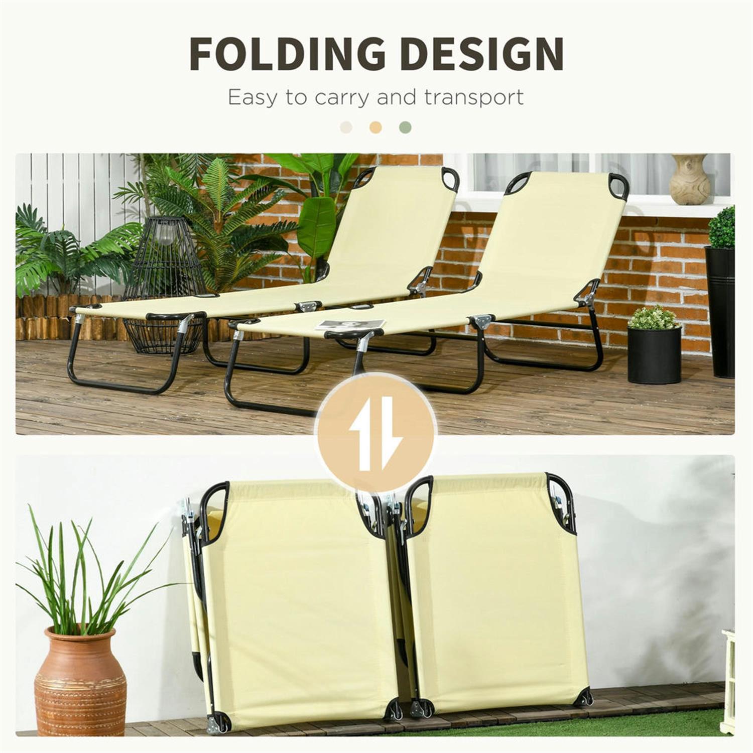 Demi Bonn 2-Piece Outdoor Collapsible Chaise Loungers, 5-Position Reclining Folding Beach Chairs with Steel Frame (Beige, 2-Pack) sducn