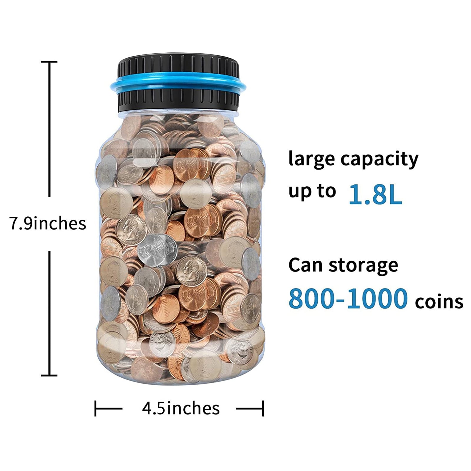 QISHI Digital Piggy Bank with LCD Coin Counter, Large Capacity Savings Jar for US Coins (Blue, 1.8 L) vikqj