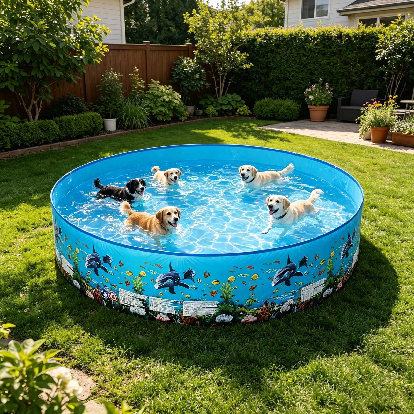 Lypsnake Inflatable Swimming Pool, Round Backyard Water Basin with Dolphin Pattern (Blue, 8 ft) usmgz