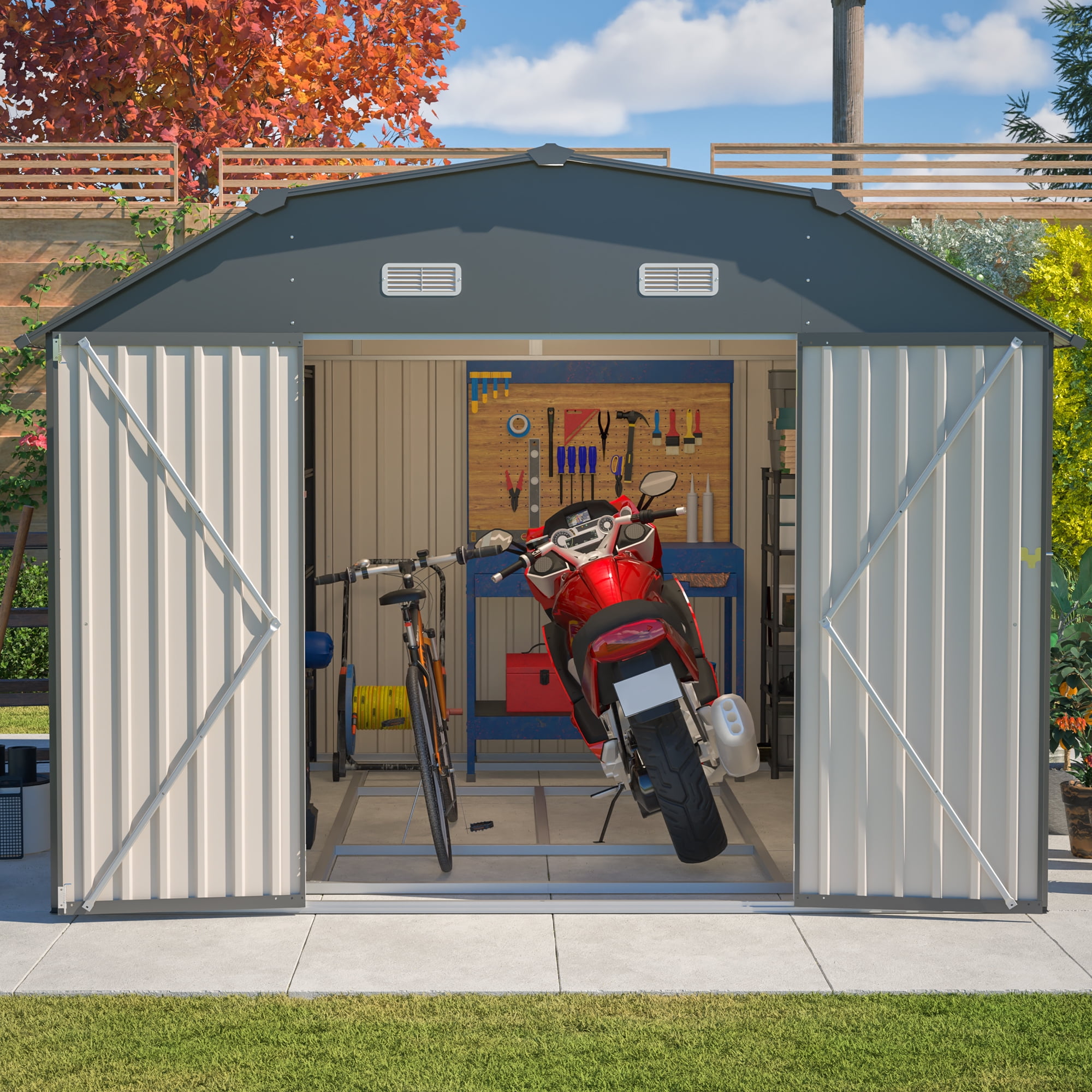LZBEITEM Metal Outdoor Storage Shed with Floor Frame Kit, Heavy-Duty Garden Tool Shed with Lockable Door and Window (Grey, 10 ft x 12 ft) zqgpg