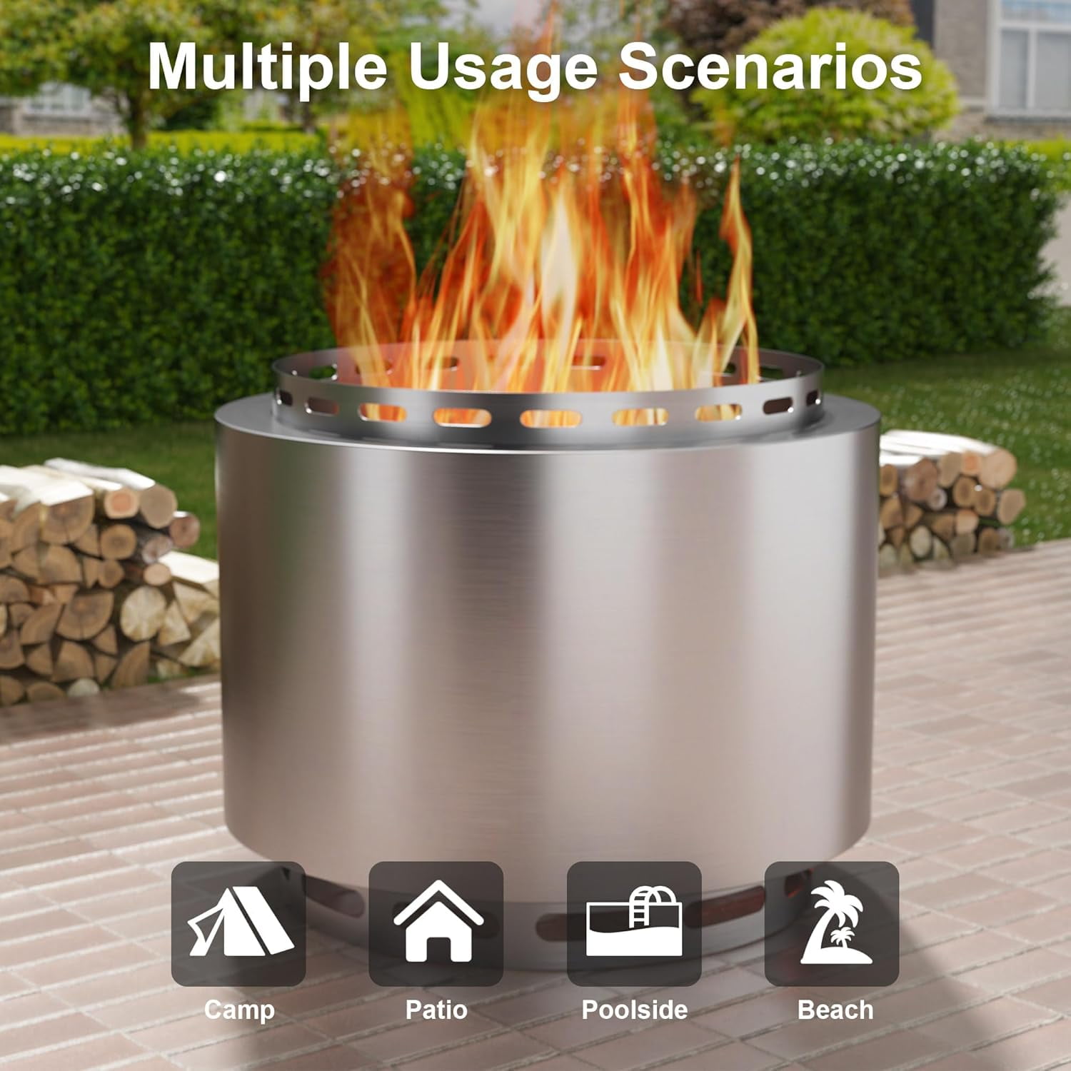 Kullavik 19 Inch Outdoor Smokeless Fire Pit, Portable Stainless Steel Wood Burning Firepit with Weather Resistant Cover (Silver, 19 in) 1csj3
