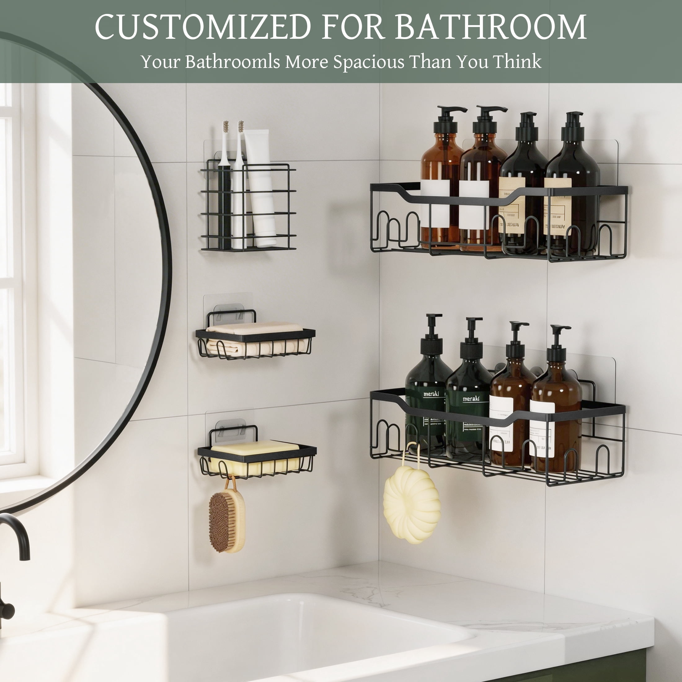 Siaomo Adhesive Shower Caddy Organizer Set, Rustproof Stainless Steel Bathroom Shelves with Hooks (Black, 5 Pack) h1jd6