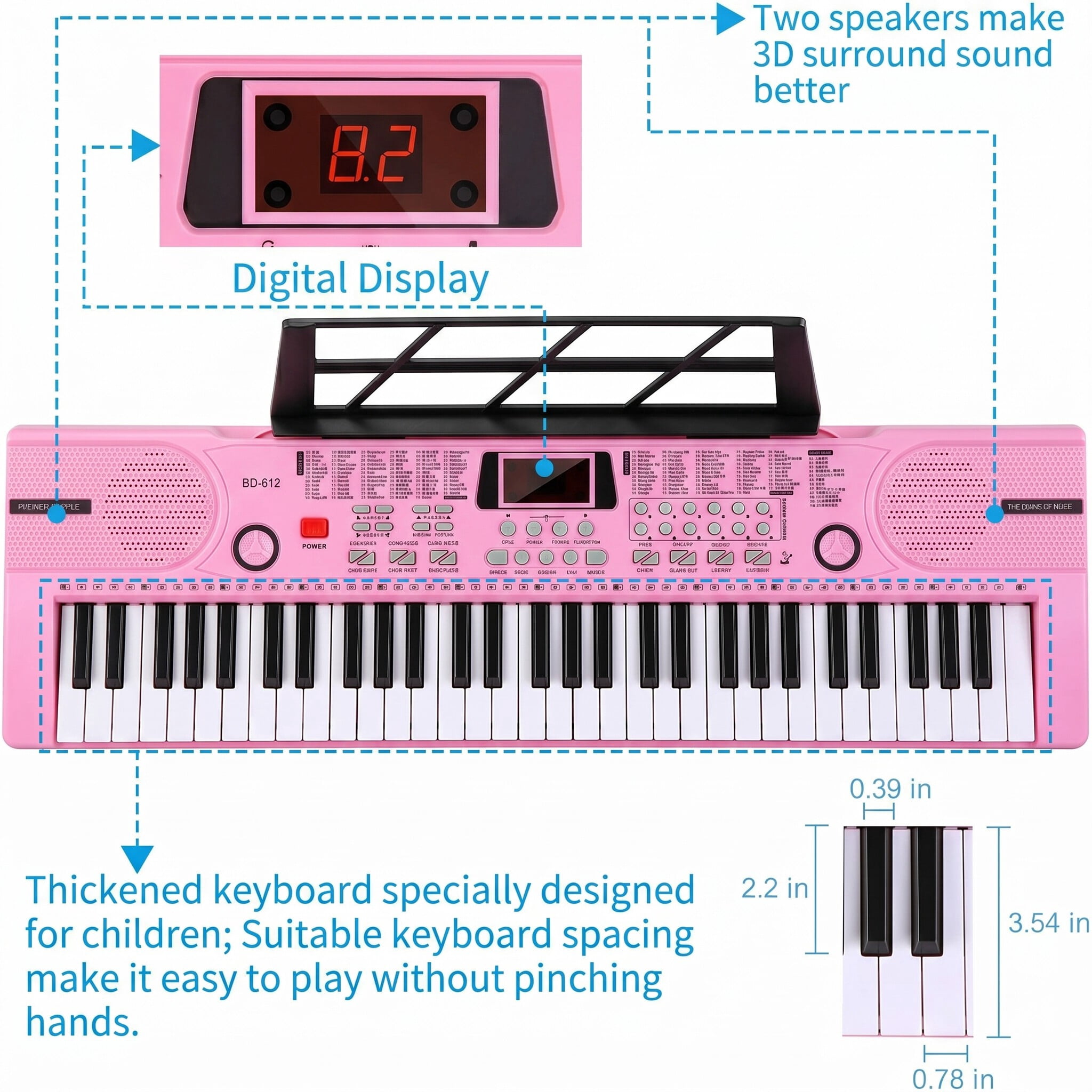 Mixfeer 61-Key Portable Electronic Keyboard Piano for Beginners with Microphone and Sheet Stand (Pink) y6d1a