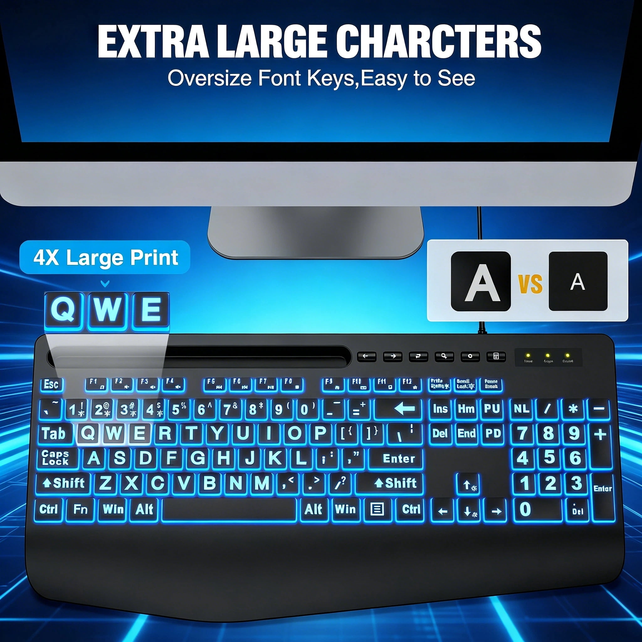 Wagpak Large Print Wired Backlit Keyboard with Ergonomic Wrist Rest and Phone Holder (Black, 18 in) i6cg0