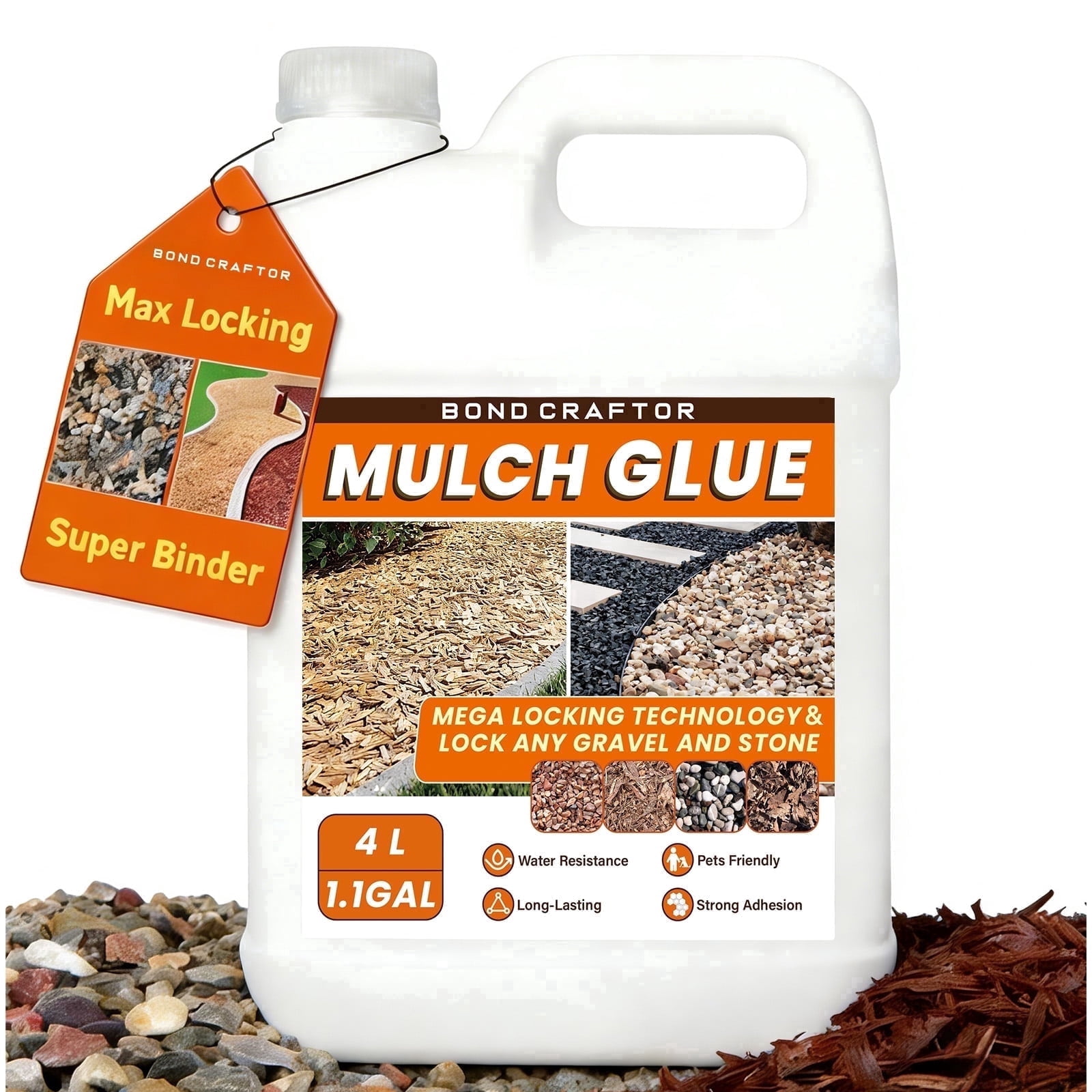 Bond Craftor Mulch Glue, Landscape Gravel Binder for Garden Walkways (Clear, 1.1 gal) mtw3a