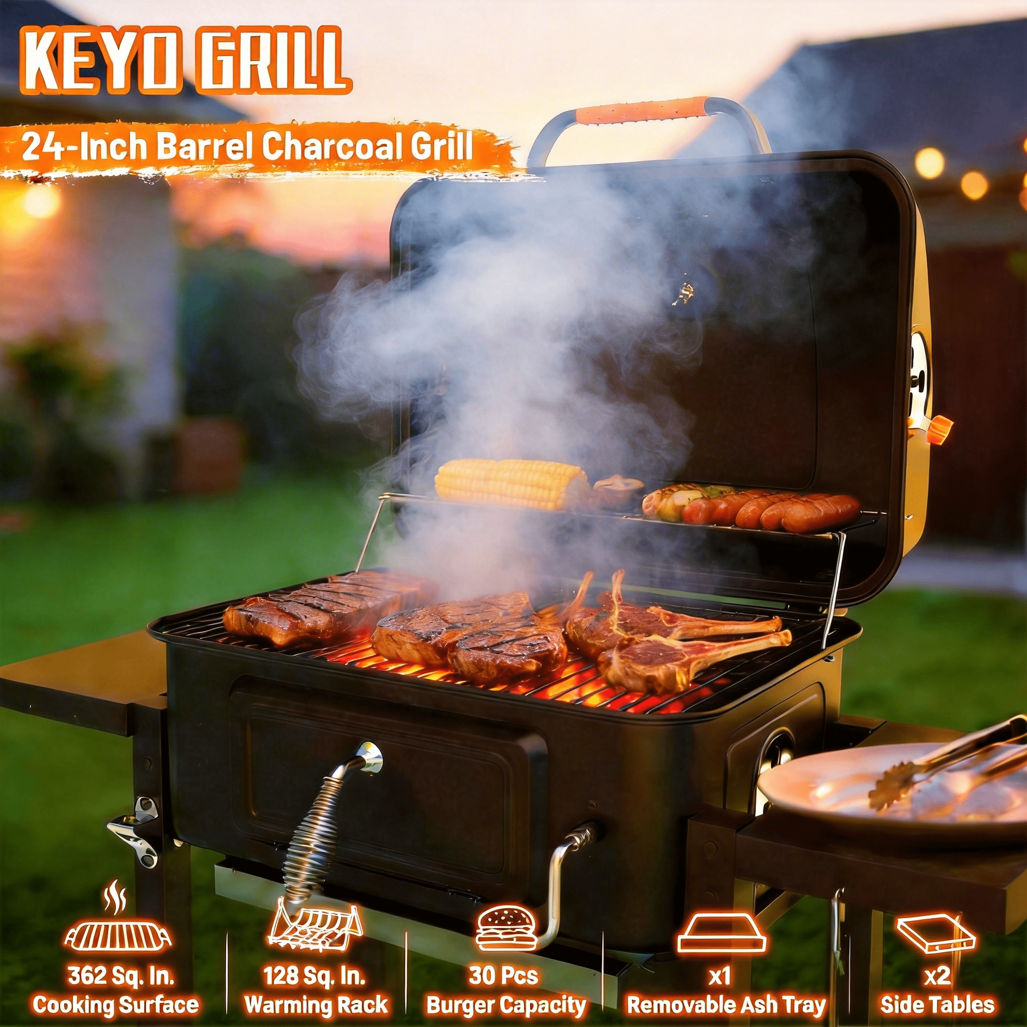 KEYO GRILL Large Charcoal Grill with Foldable Side Tables and Height-Adjustable Ash Pan (Black, 44.5 in x 36 in x 22 in) 4njvm