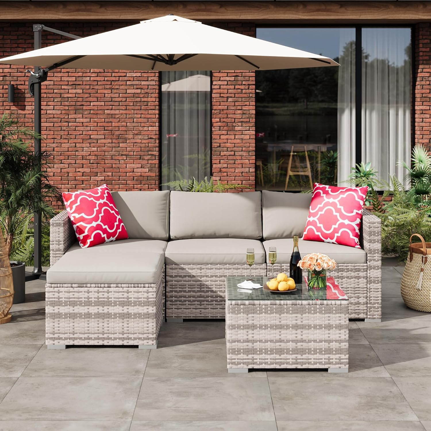 IdealHouse 5-Piece Outdoor Sectional Sofa Set, All-Weather PE Rattan Patio Furniture with Ottoman & Tempered Glass Table (Gray, 5-Piece Set) fbzxn