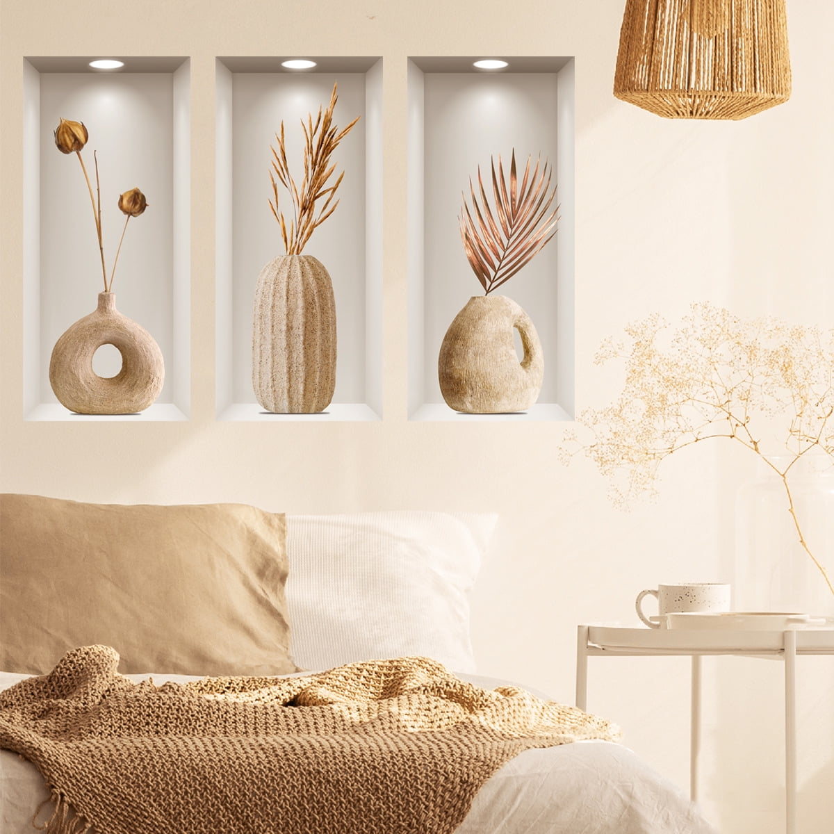 WEXIA 3D Vase Wall Stickers Removable Vinyl Art Mural Peel and Stick DIY Home Decor (Beige, 3-Piece Set) 03q3m