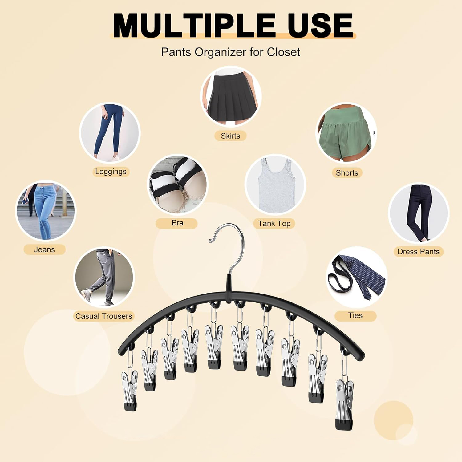 Behome Pants Hangers with 10 Clips, Space Saving Closet Organizer for Leggings, Jeans, and Skirts (Black, 2 Pack, 14.37 x 8.66 in) soy39