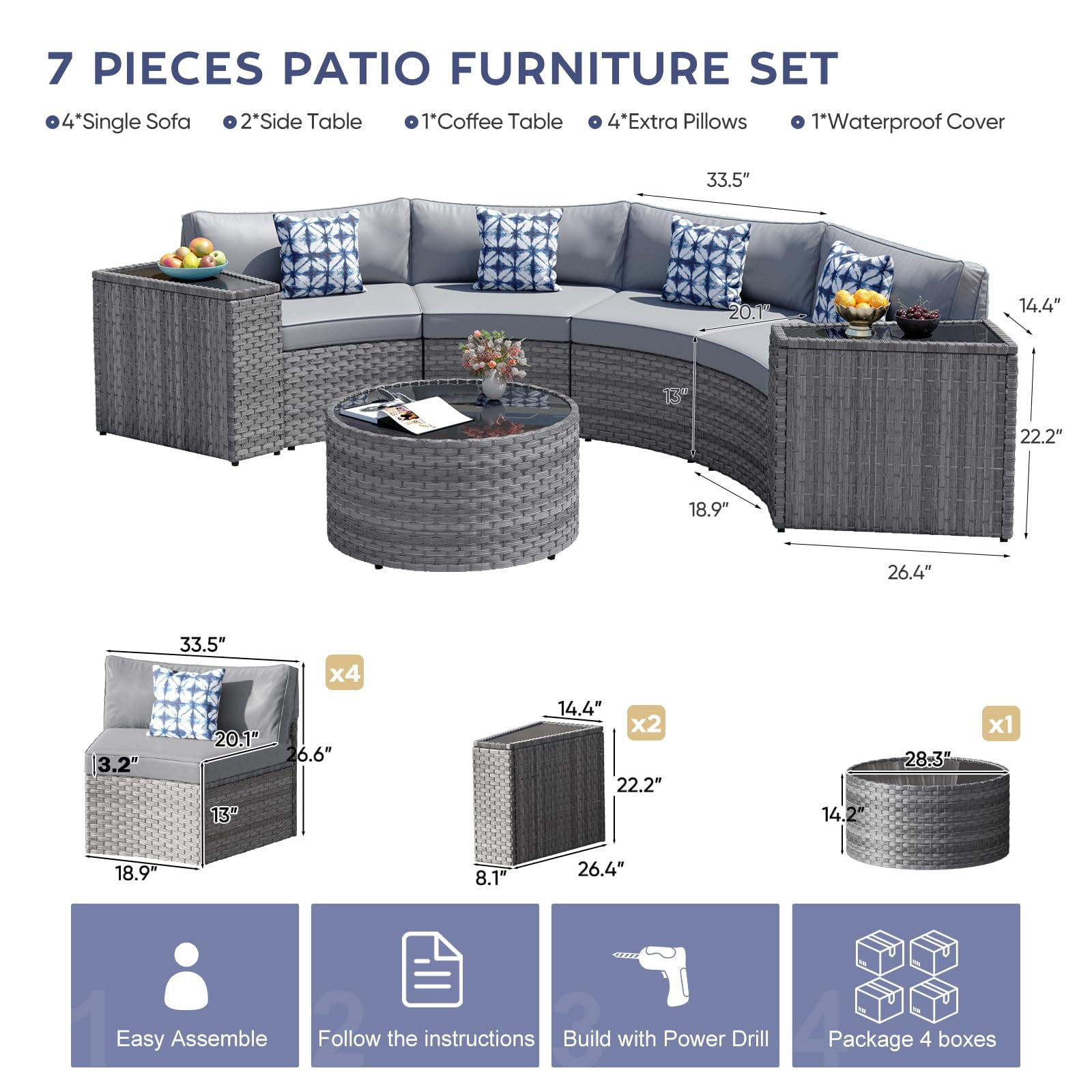 CDCASA 7 Piece Patio Furniture Set, All-Weather Wicker Rattan Curved Sectional Sofa with Coffee Table (Grey, 7 Piece Set) 2kfzr