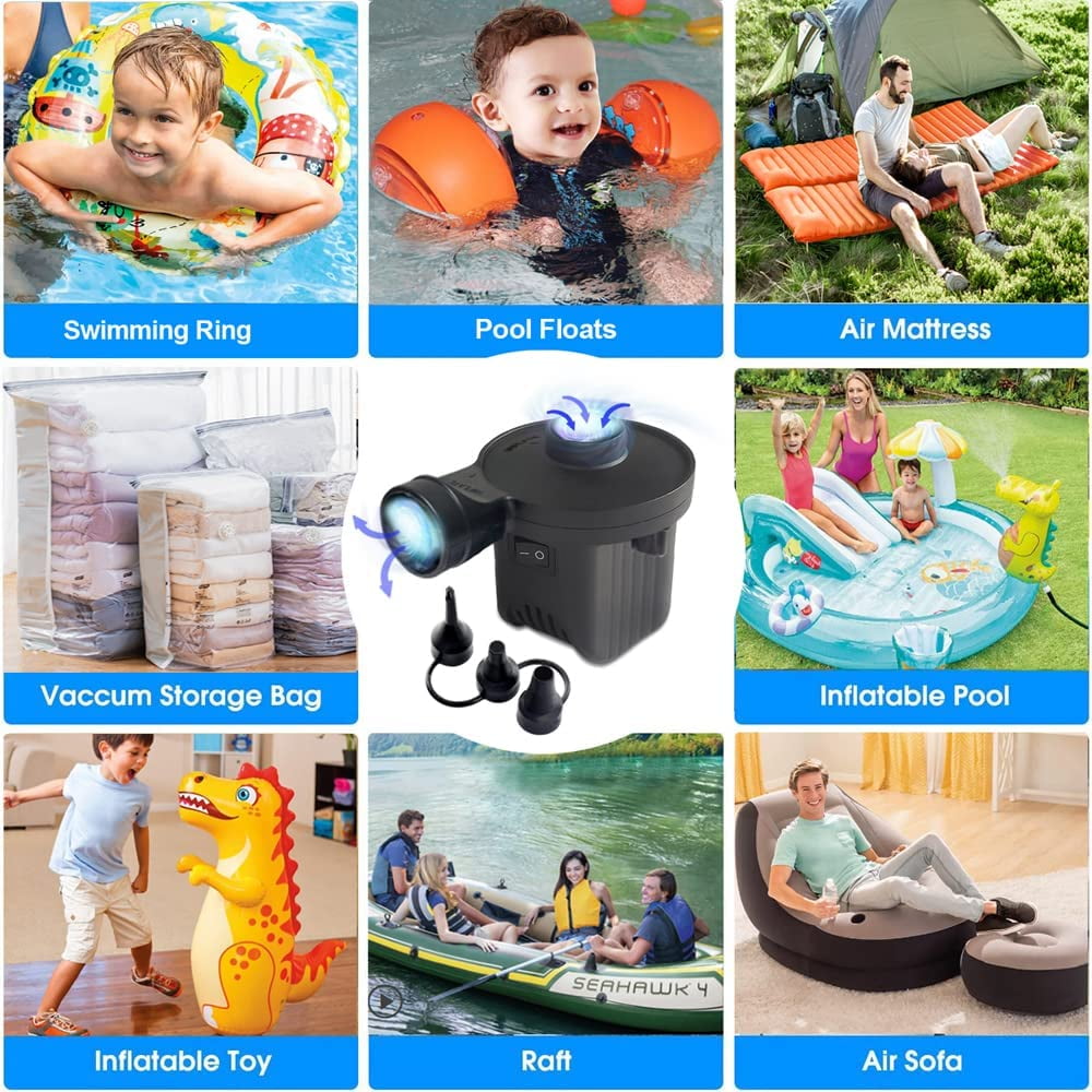 BN-LINK Electric Air Pump, Portable Quick-Fill Inflator and Deflator with 3 Nozzles (Black, 4.64 in x 3.15 in x 3.55 in) tbwzd