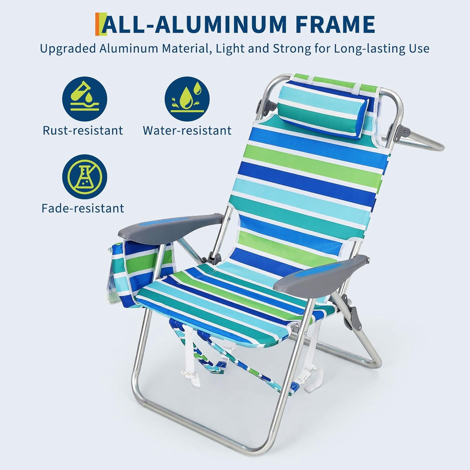 RIEDHOFF Portable Beach Chair with Adjustable Backrest and Cooler Bag (Ocean Striped, Set of 2) w911z