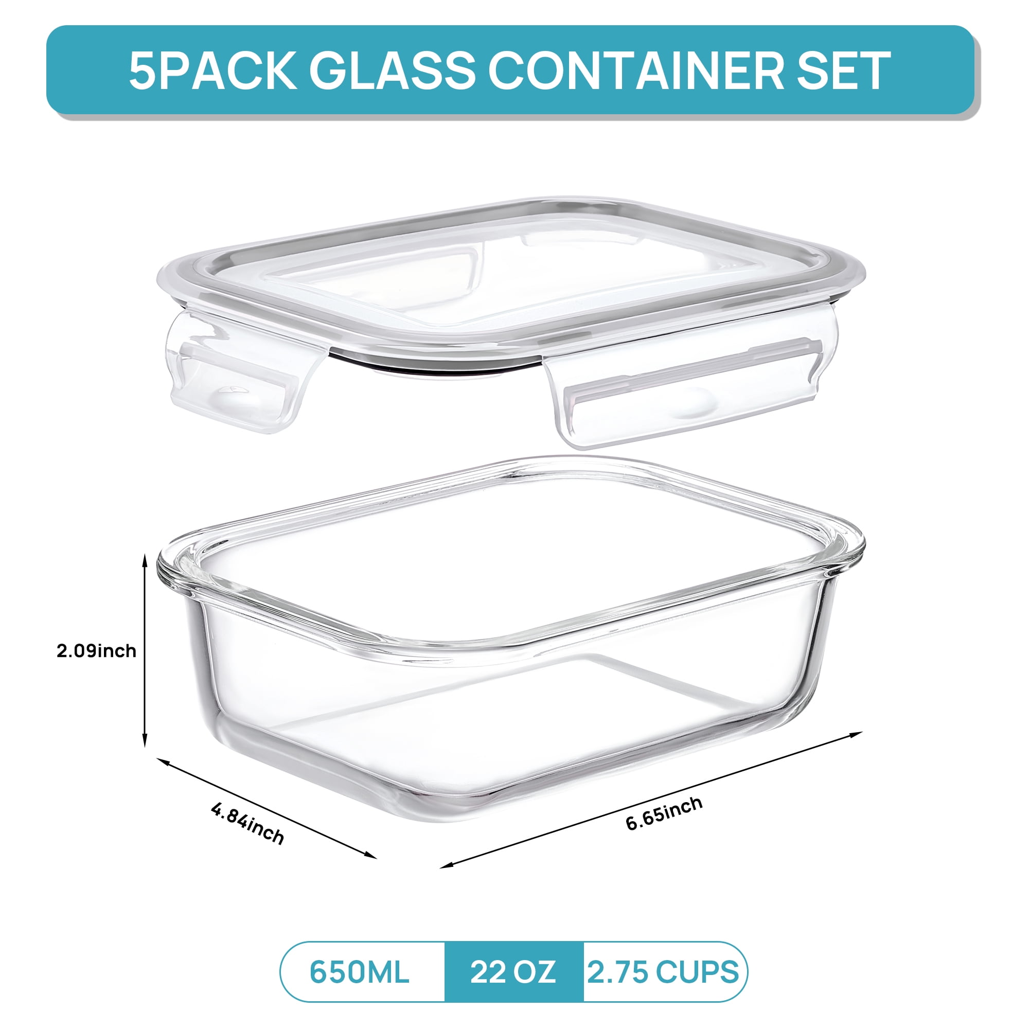 Sindcom Glass Food Storage Containers with Airtight Lids (Grey, 5-Pack, 22 oz) 6t73u