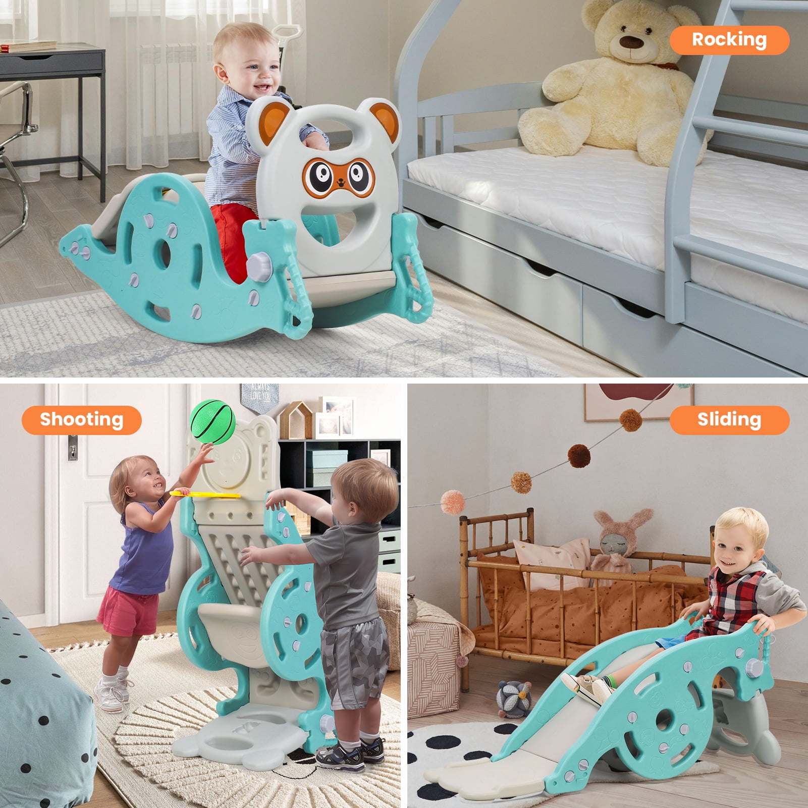 Anvazise 4-in-1 Kids Activity Center, Convertible Rocking Horse and Slide with Basketball Hoop (Green) oetqu