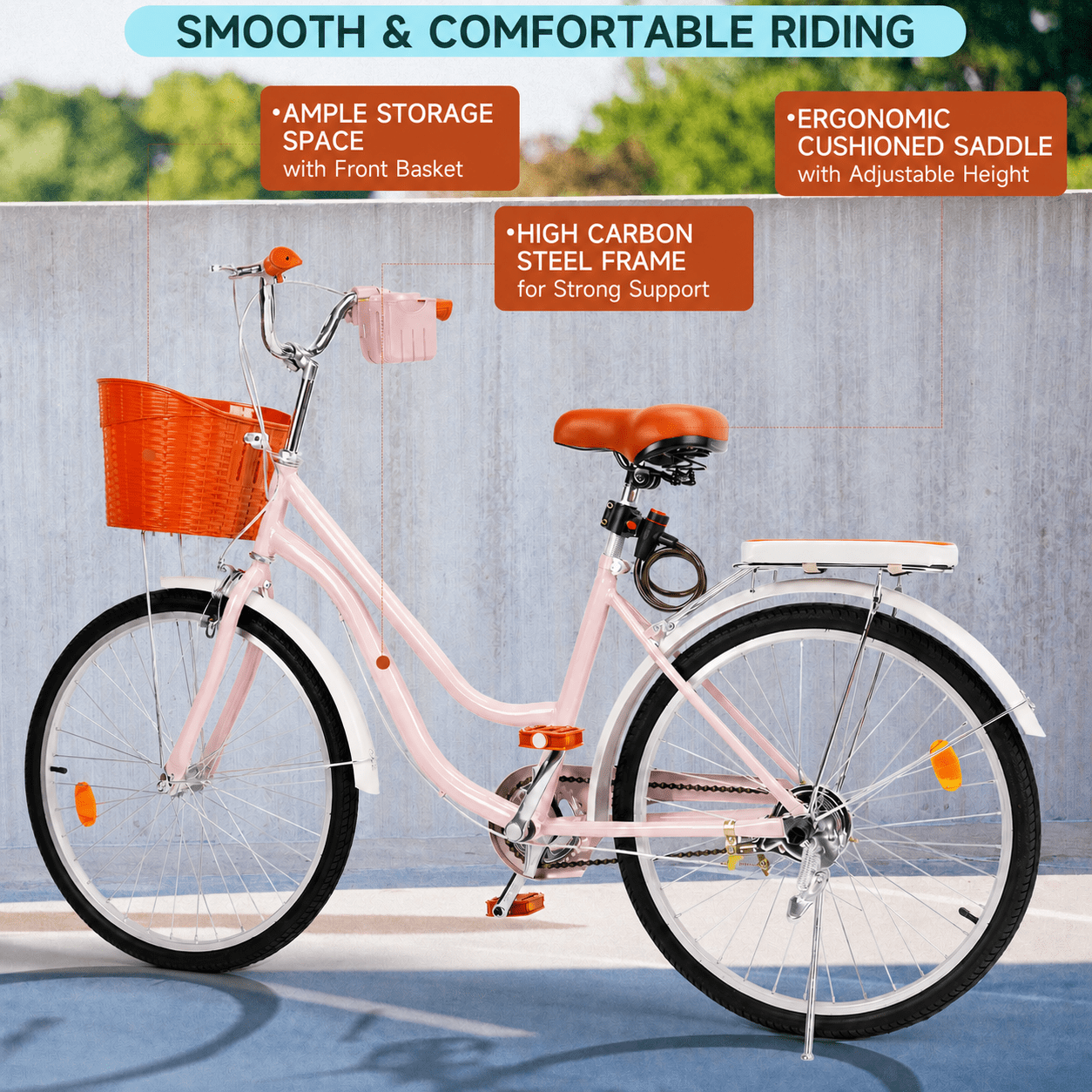 Bruce & Shark Women's Cruiser Bicycle, City Commuter Beach Bike with Basket and Lock (Blue, 24 in) 757bs