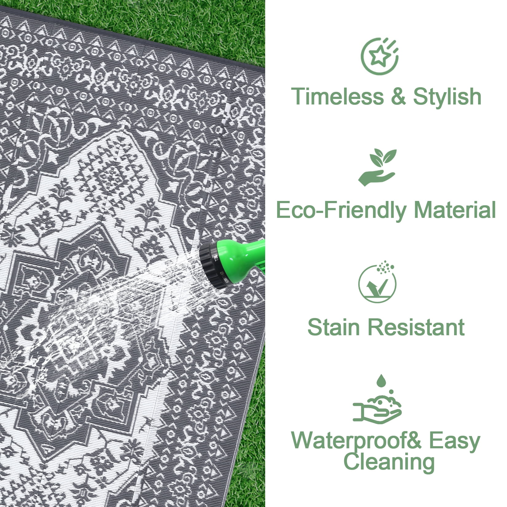 HOMERRY Geometric Floral Outdoor Rug Waterproof Reversible Plastic Carpet for Patio RV (White/Gray, 8 ft x 10 ft) kbbgr