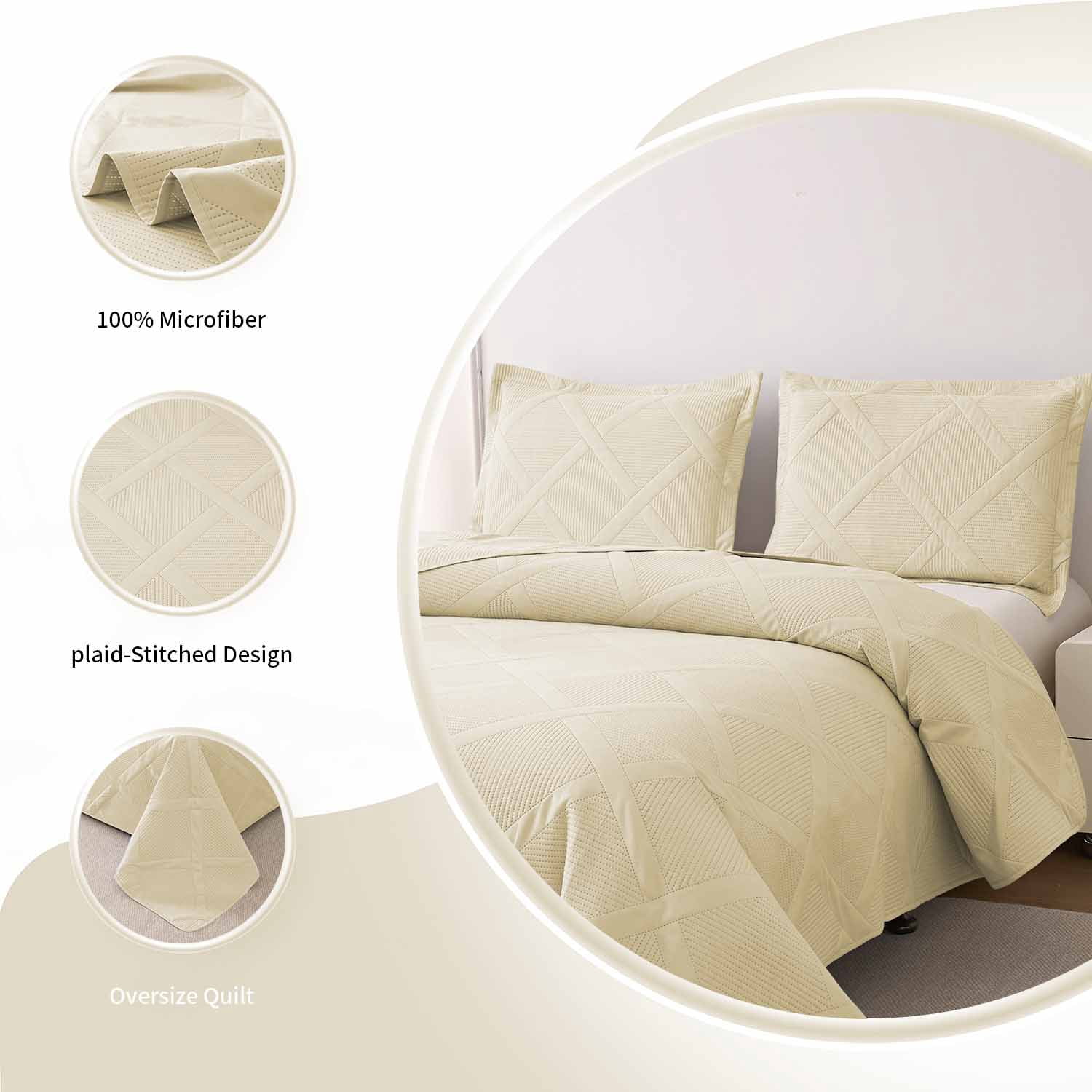 Beartech Solid Color Quilt Set Reversible Lightweight Microfiber Bedspread (Beige, Queen Size) zi8f2