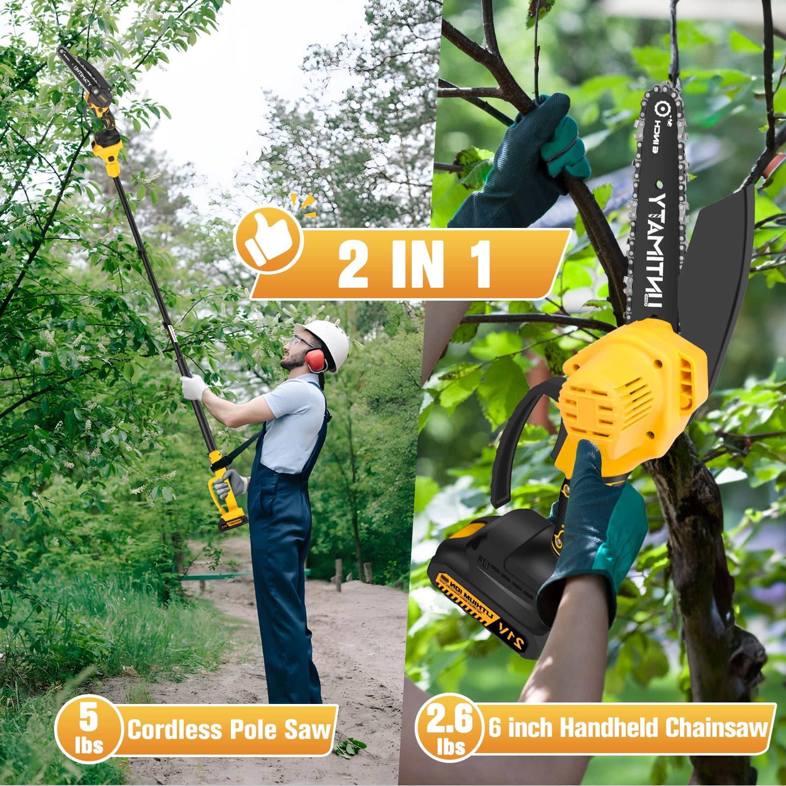 UMTIMATY Cordless Pole Saw, 6 Inch Brushless Mini Chainsaw with 14.1 FT Extension Pole (Yellow, 2 x 2.0Ah Batteries) wr6tj