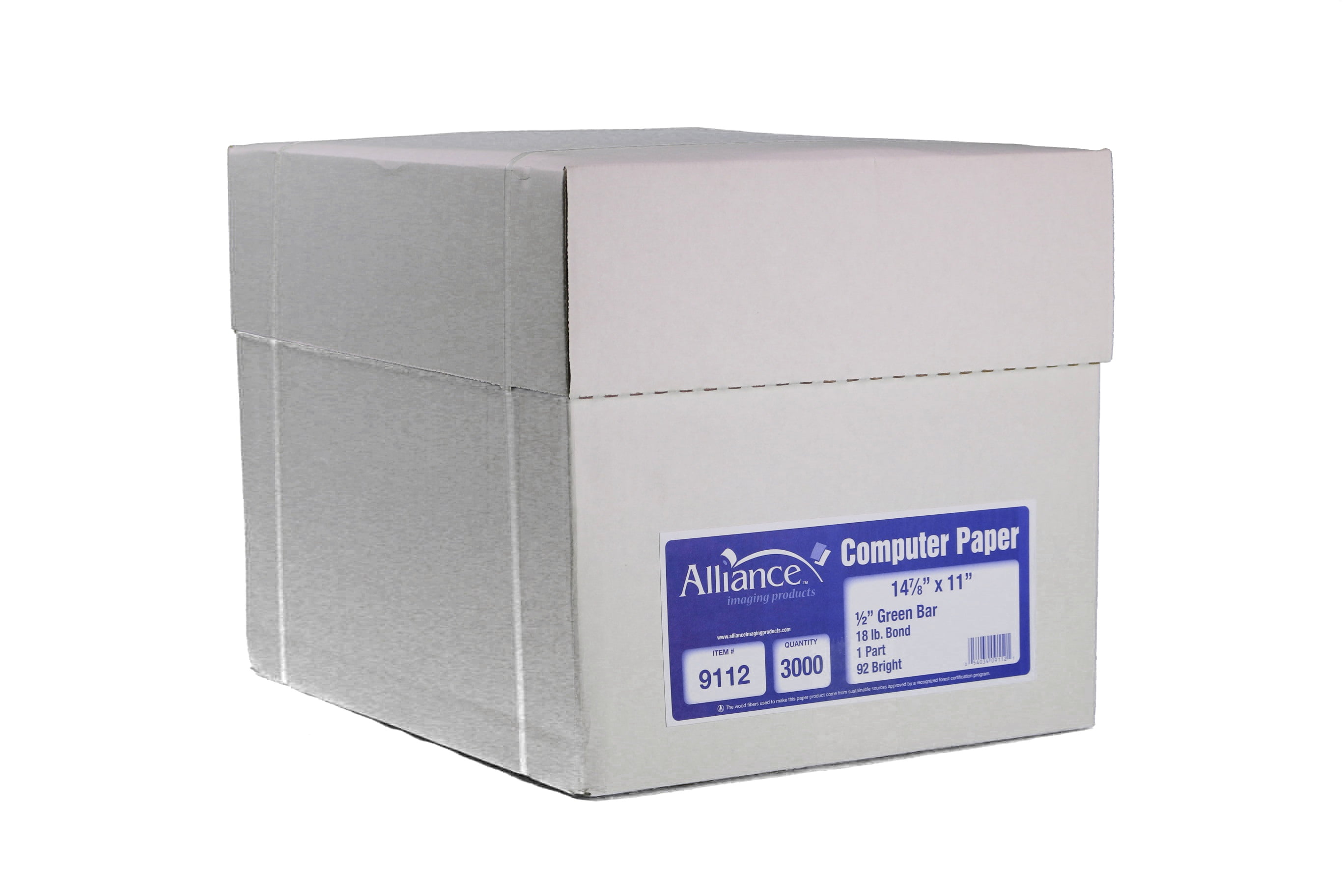 Alliance Continuous Computer Paper, 14 7/8 in x 11 in, 18 lb, Green Bar, 1-Part (150,000 Sheets per Pallet) axs5d