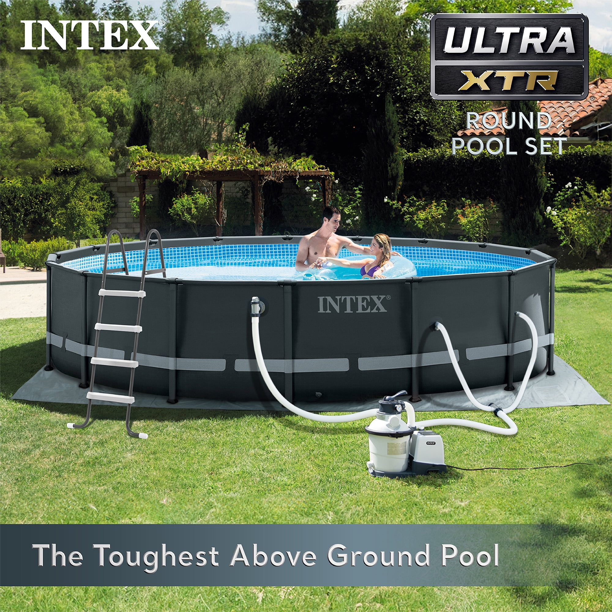 Intex Ultra XTR Above Ground Swimming Pool Set with Floating Loungers and Inflatable Cooler (16 ft x 48 in) ib2h3