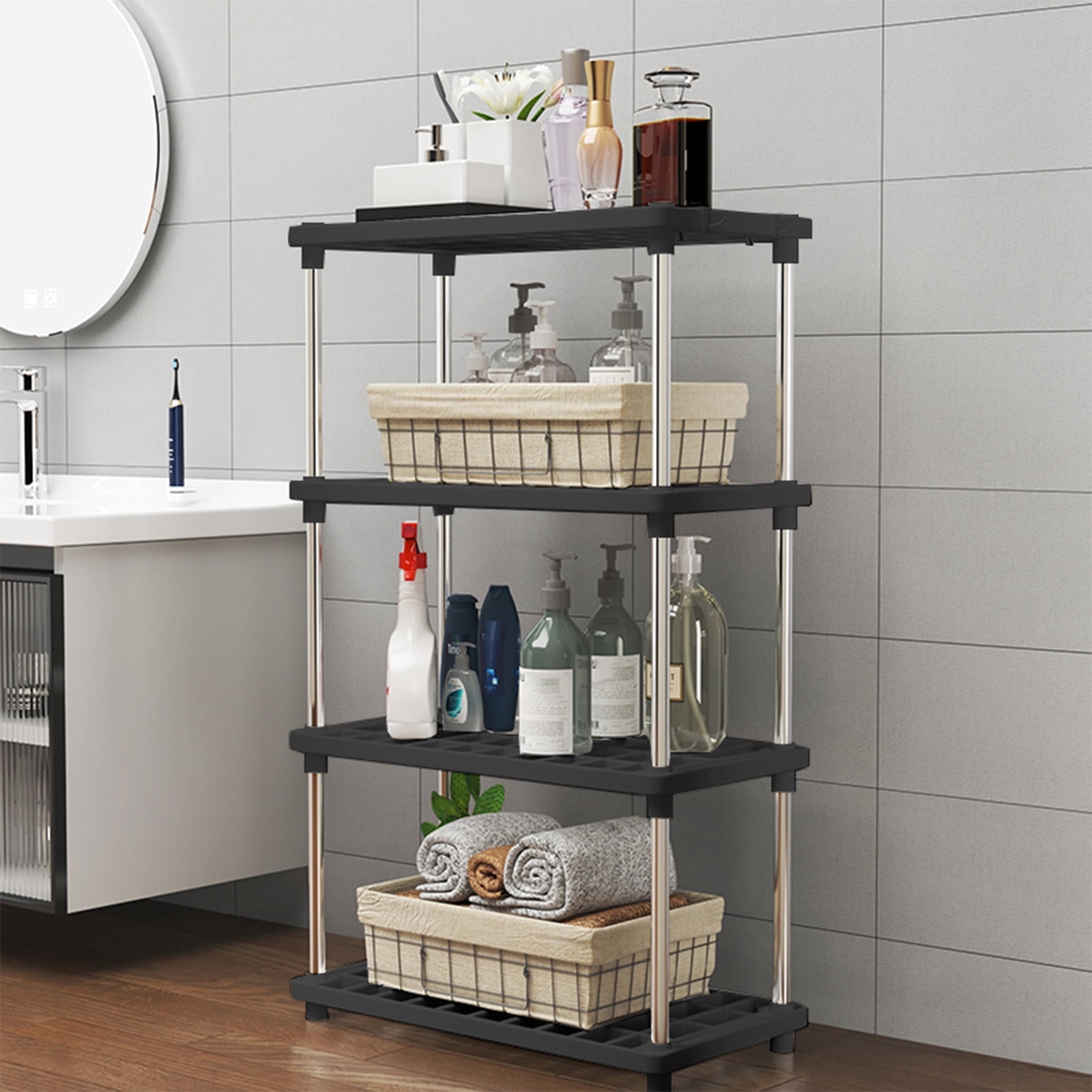 FMLIFOU 4 Tier Heavy Duty Plastic Storage Shelf (Black, 48 in H x 22 in W x 12 in D) ckk3a