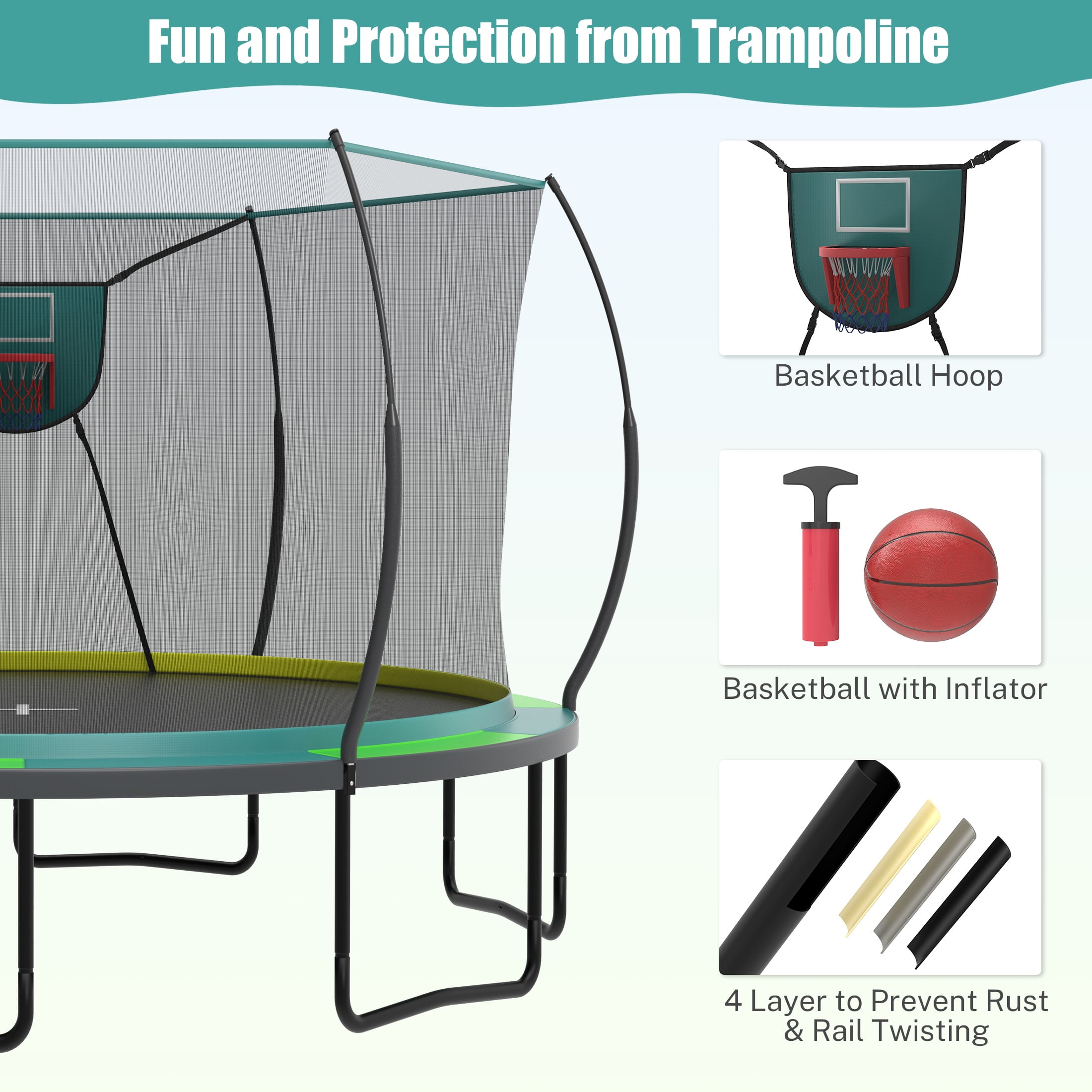 Segmart 14 Ft Outdoor Recreational Trampoline with Enclosure Net and Safety Zipper System (Green, 880 lb) 32bmh