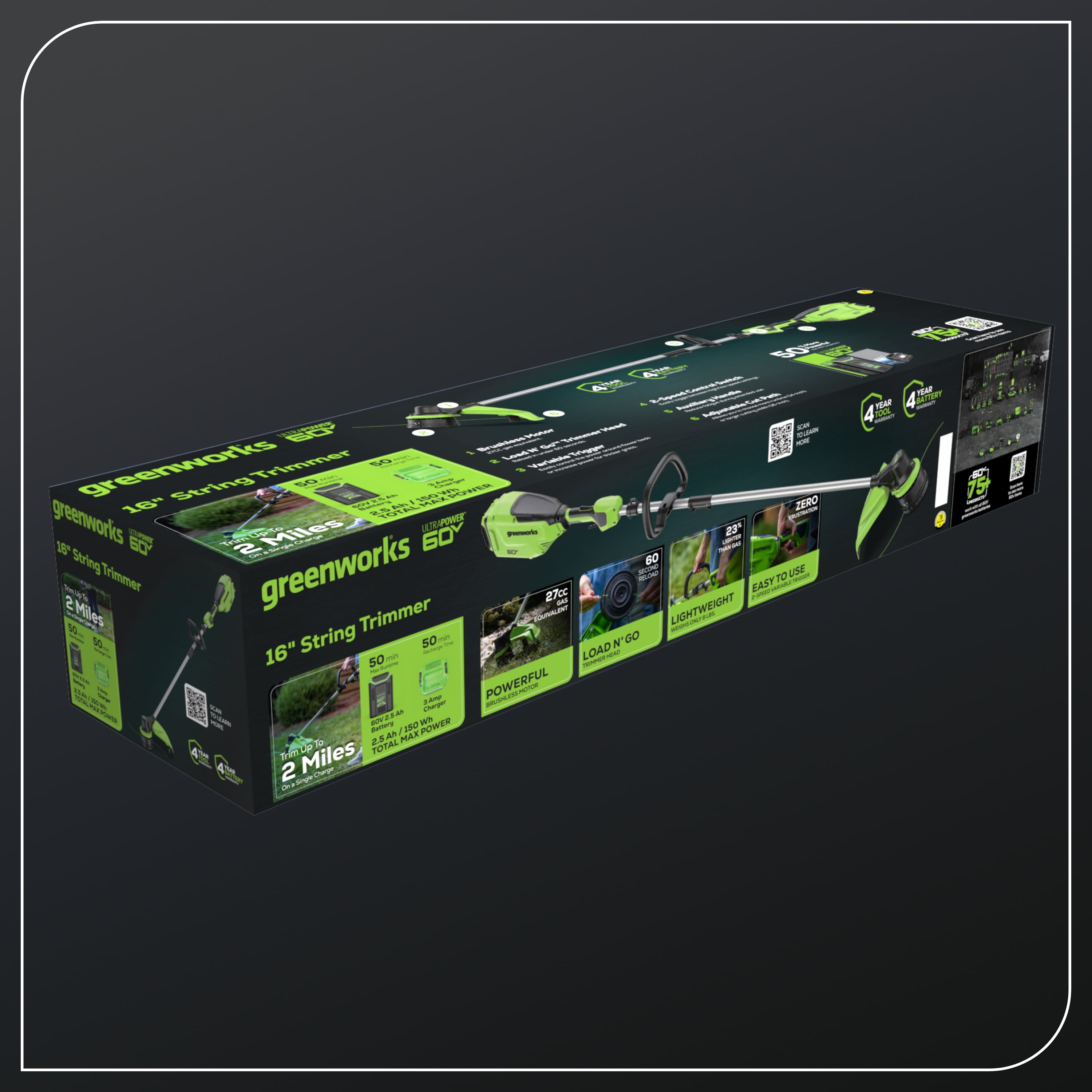 Greenworks 60V 16 in. Front Mount String Trimmer with 2.5Ah Battery and 3A Charger (Green, 16 in.) d05mu