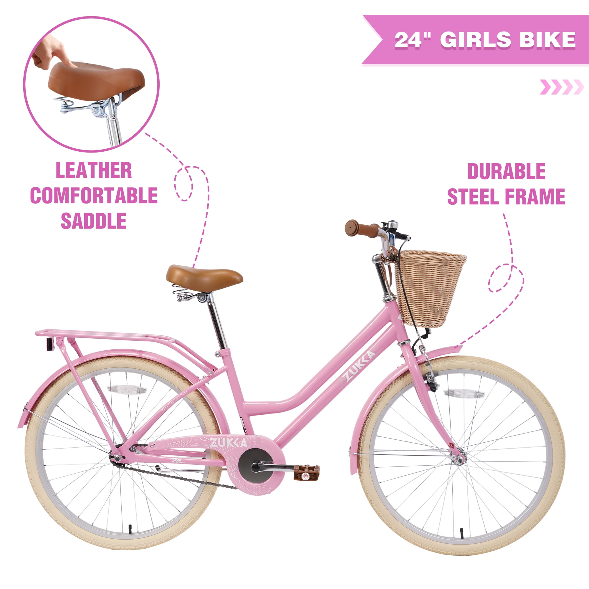 Zukka 24 inch Cruiser Bike City Commuter Bicycle with Woven Basket (Light Pink, 24 in) z0oyt