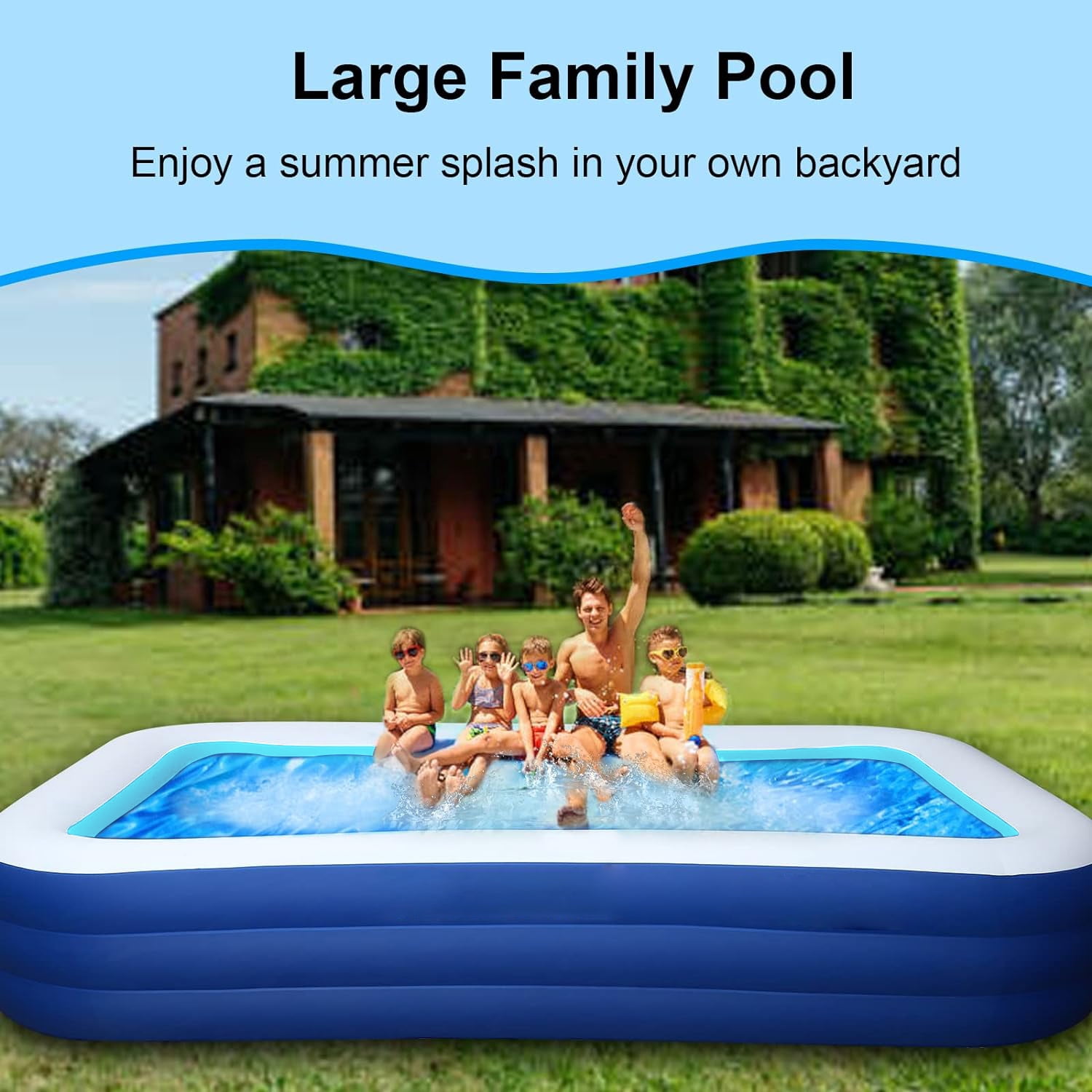BN-LINK Inflatable Family Swimming Pool, Oversized Rectangular Backyard Water Lounge (Blue, 118 in x 68 in x 22 in) 6t37q