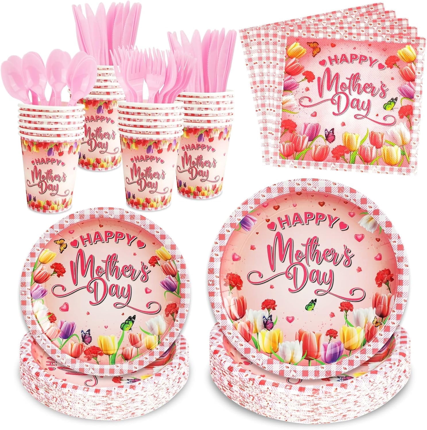 HOWAF Mother's Day Disposable Tableware Set, Floral Party Supplies for 20 Guests (Pink, 116 Piece) goy6w