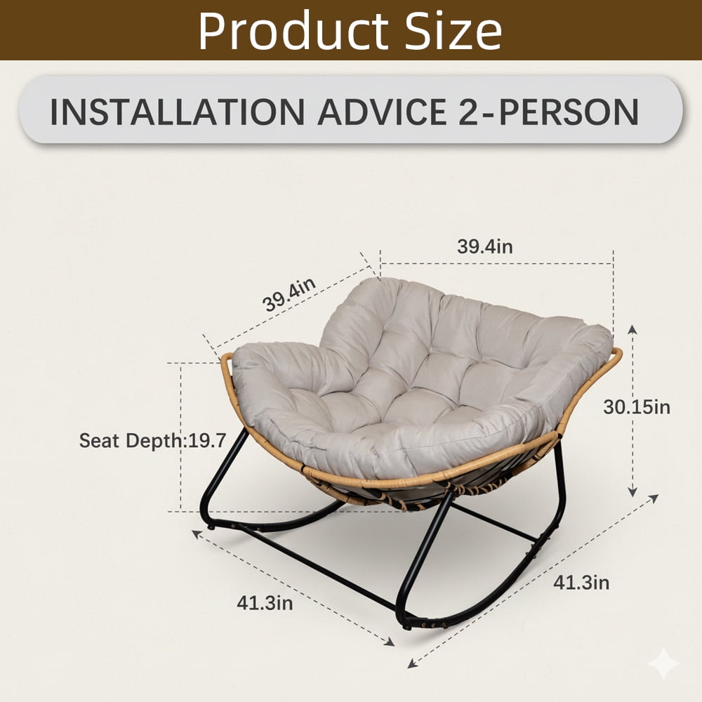 LUMAMIN Oversized Round Glider Rocker Chair, Indoor and Outdoor Rattan Wicker Accent Chair for Living Room and Patio (Beige) o12kz