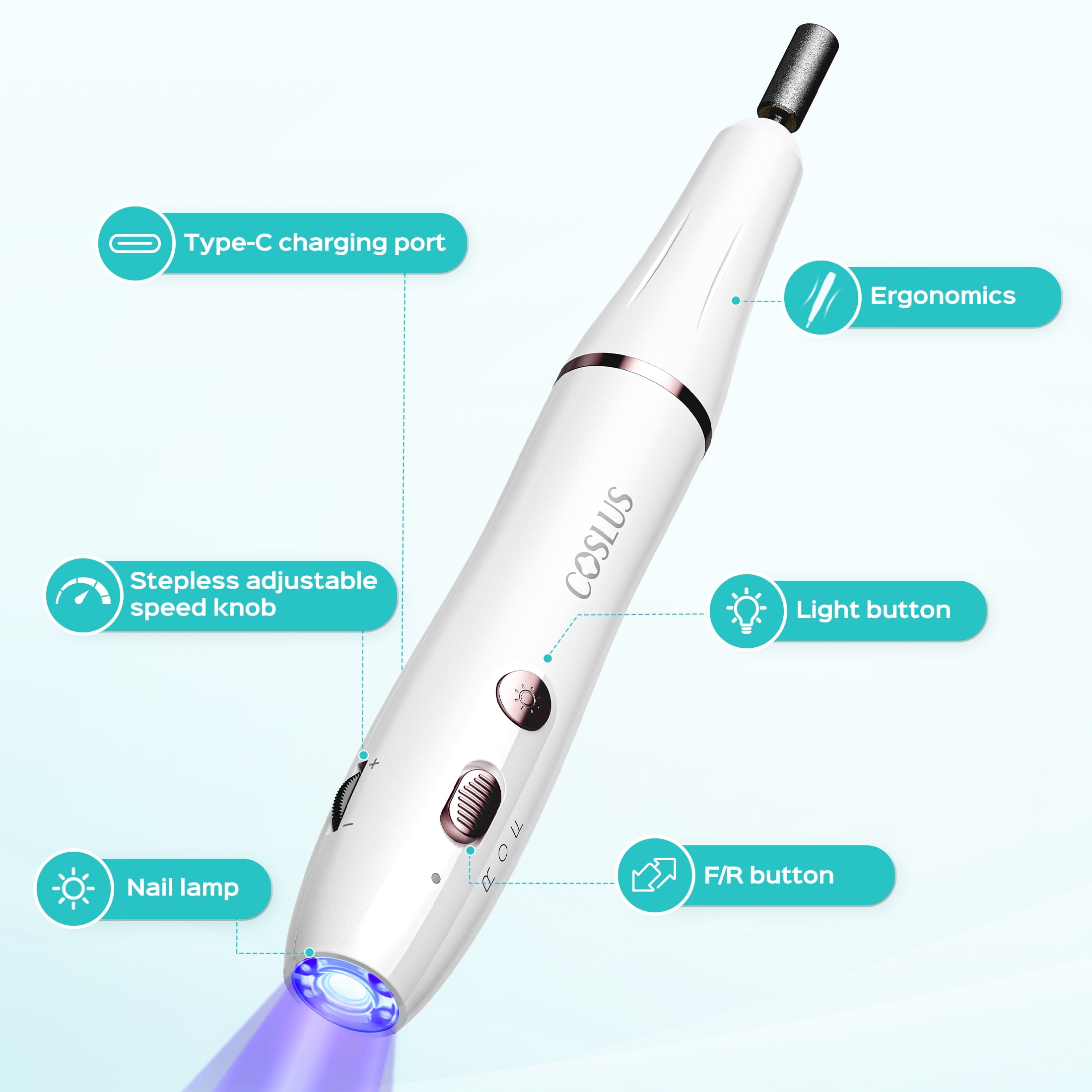 COSLUS CX41 Cordless Electric Nail Drill and LED Lamp 2-in-1 Manicure Kit (White, 2.7 oz) 7db6g