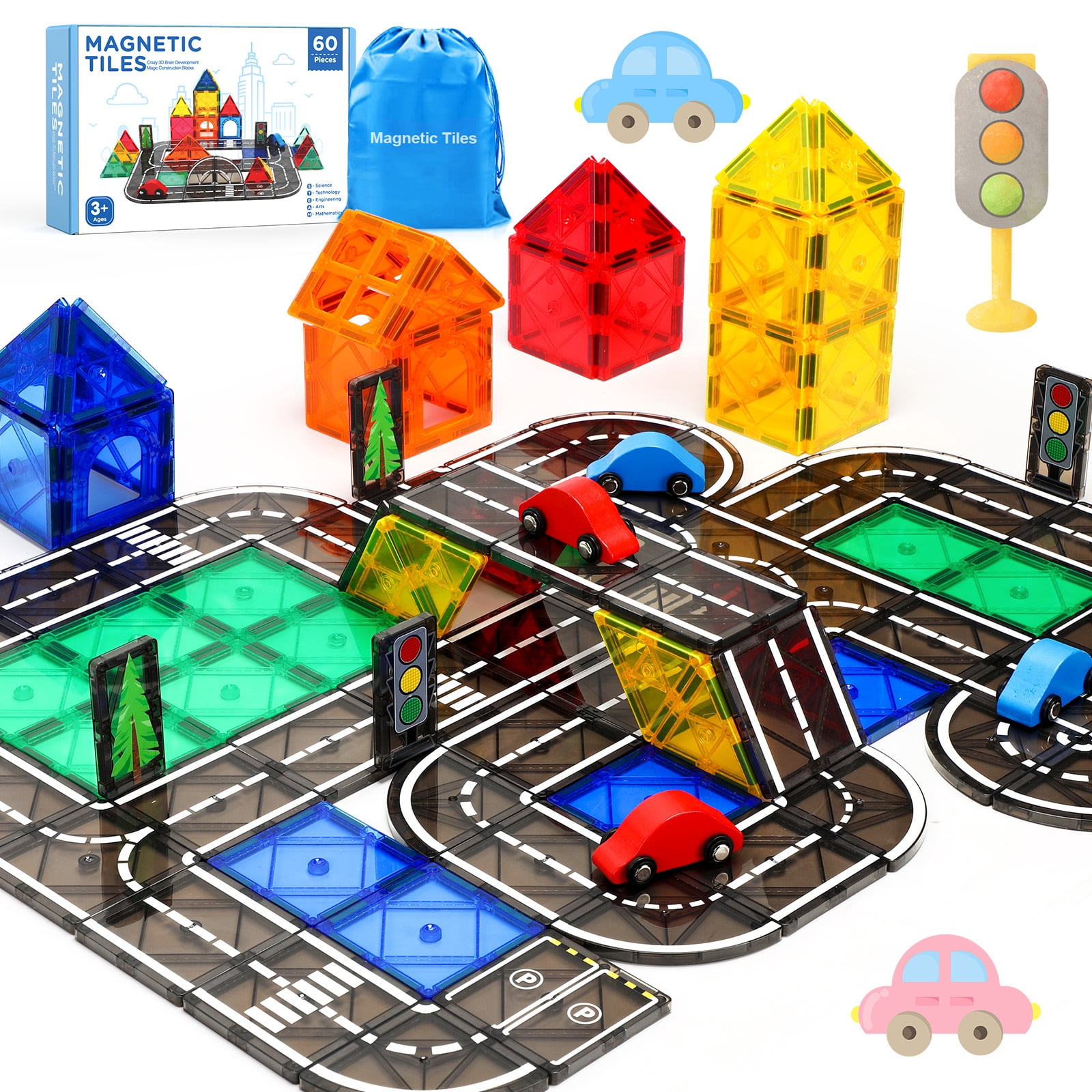 FunMagic Magnetic Tiles Road Set, STEM Building Blocks with 2 Cars, Creative City Construction Toy (Black, 60 Pieces) l1m5x