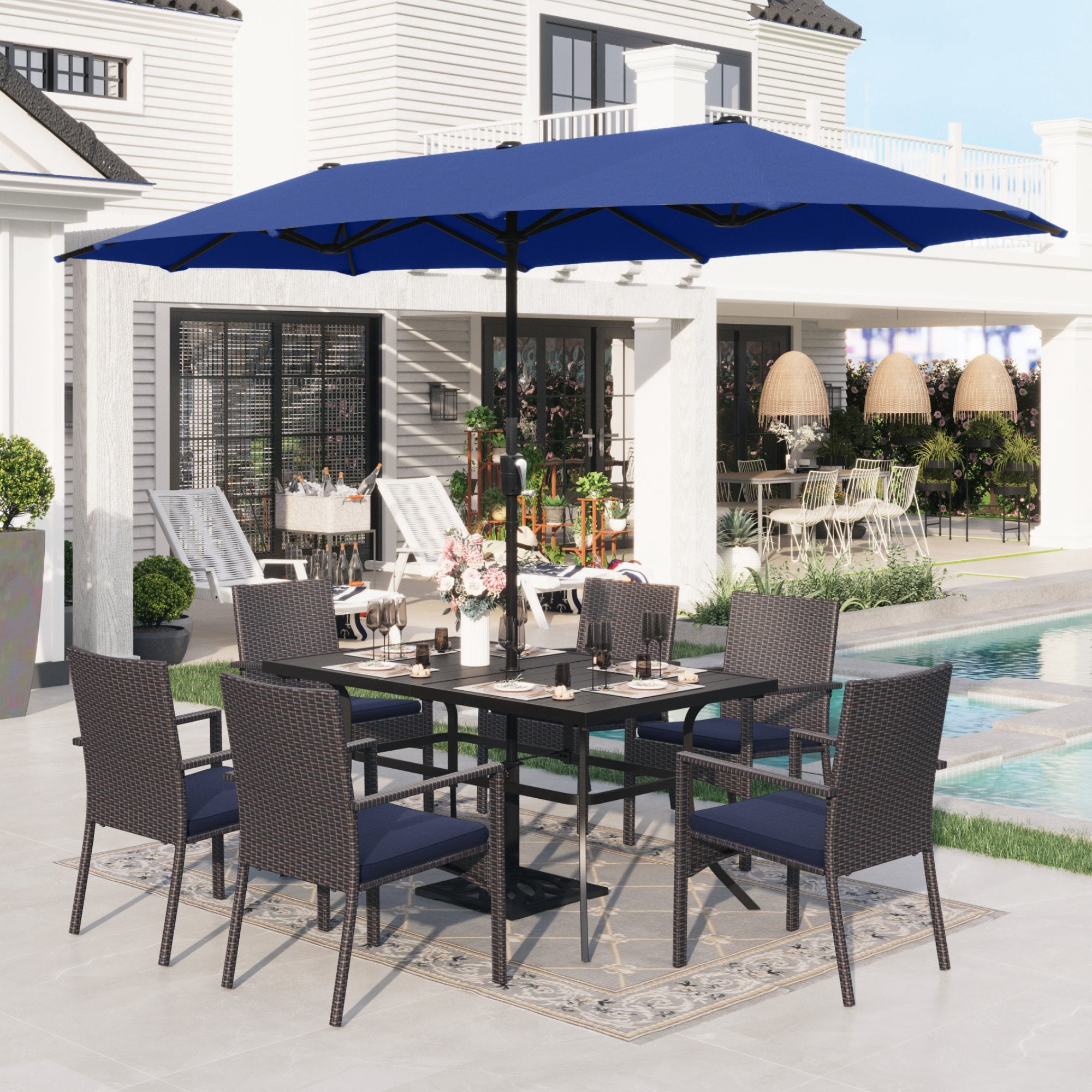 Alpha Joy 8-Piece Outdoor Patio Dining Set with Cushioned Rattan Chairs, Metal Table and 13 ft Navy Umbrella (Navy, 8-Piece Set) mwze0