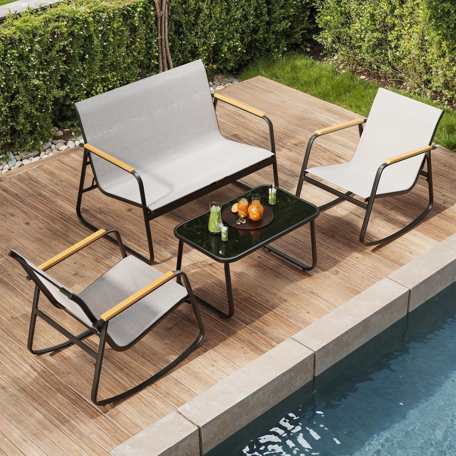 Lofka 4-Piece Patio Conversation Set with Rocking Chairs, Loveseat, and Glass Coffee Table (Gray, 4-Piece Set) zm9ee