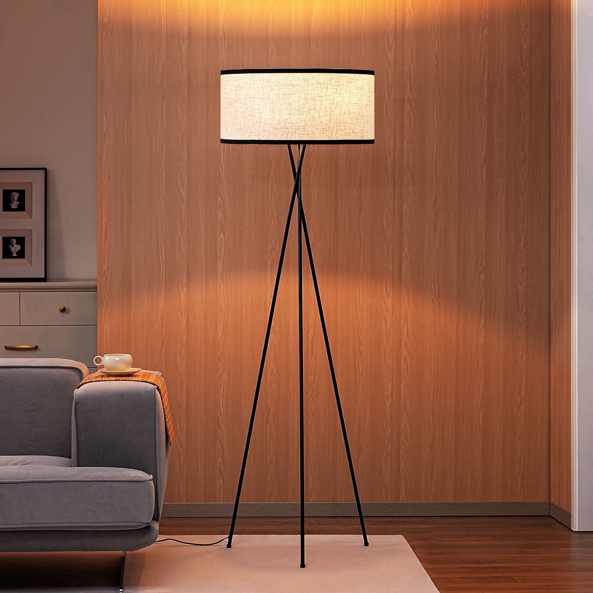 EDISHINE Tripod Floor Lamp with Remote and APP Control, Modern Dimmable LED Standing Lamp with RGB Bulb and Flaxen Linen Shade (Black, 66.9 in) nujo4