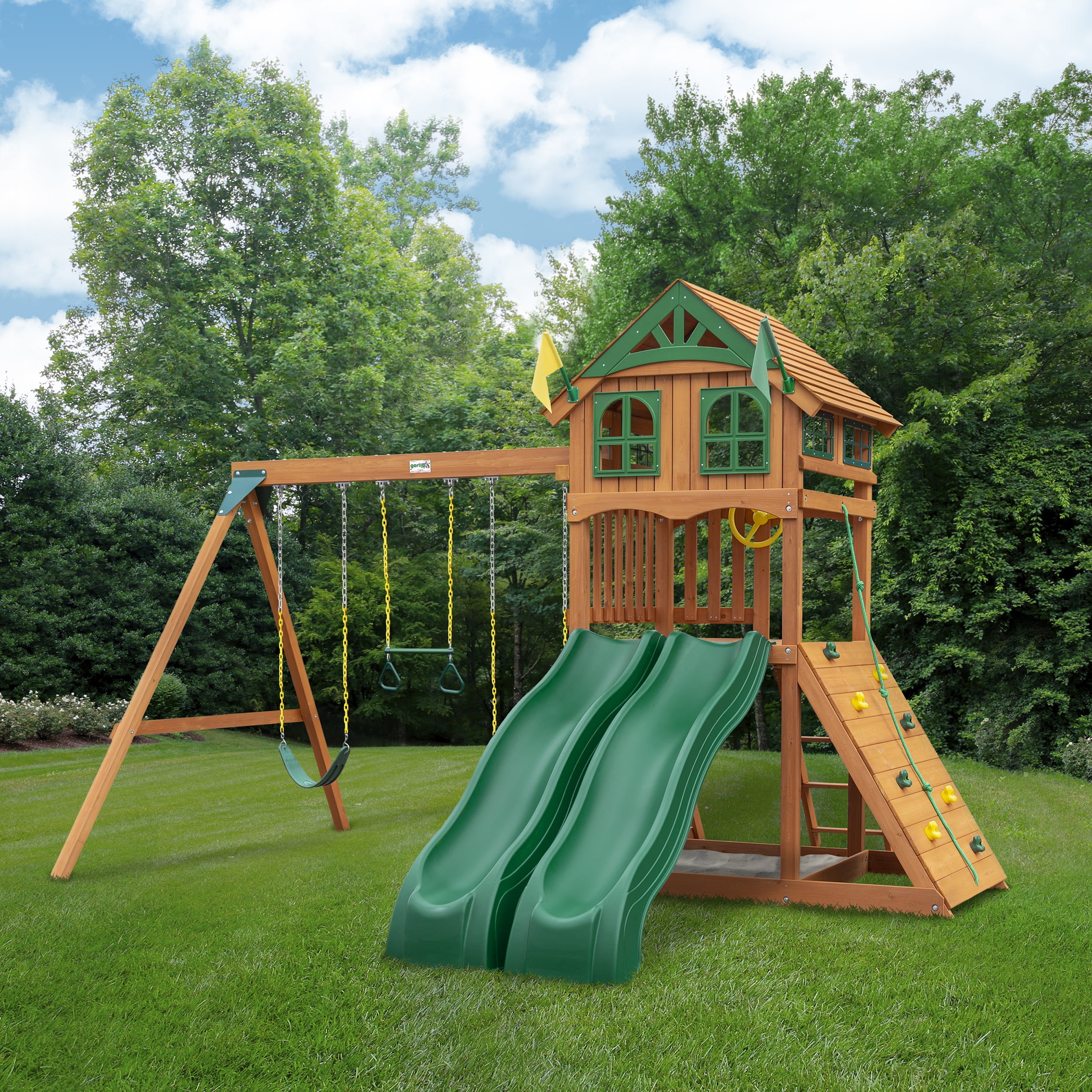 Gorilla Playsets Avalon Wooden Swing Set with Dual Slides and Climbing Rock Wall (Amber, 1 Unit) pfgpi