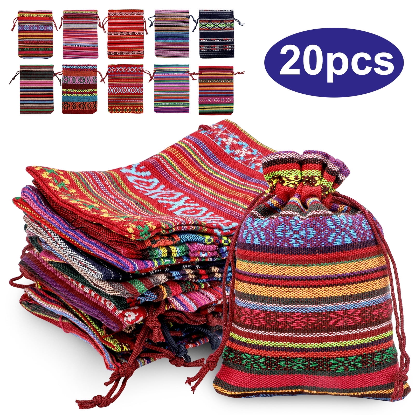 TSV Cotton Linen Drawstring Gift Bags, Ethnic Mexican Fiesta Style Jewelry Pouches for Party Favors (Multi-Color, 20 Pack, 3.9 in x 5.5 in) gk9ku