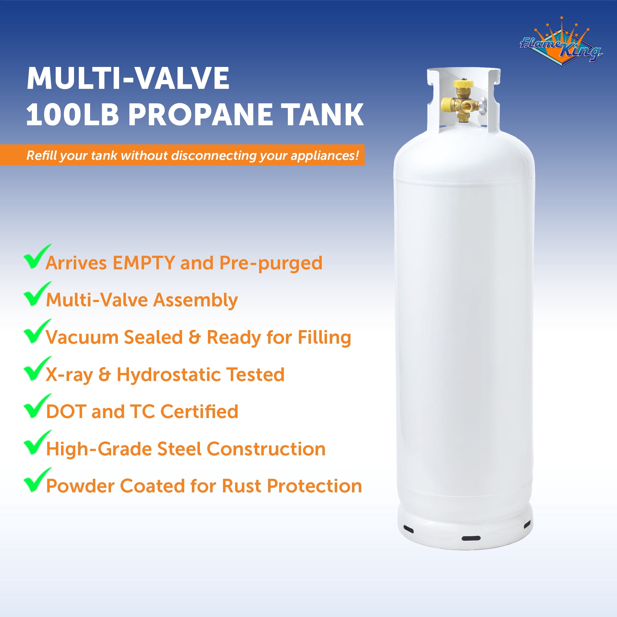 Flame King Propane Tank, High-Capacity Multi-Valve Steel Cylinder (White, 100 lb) 6kbvp