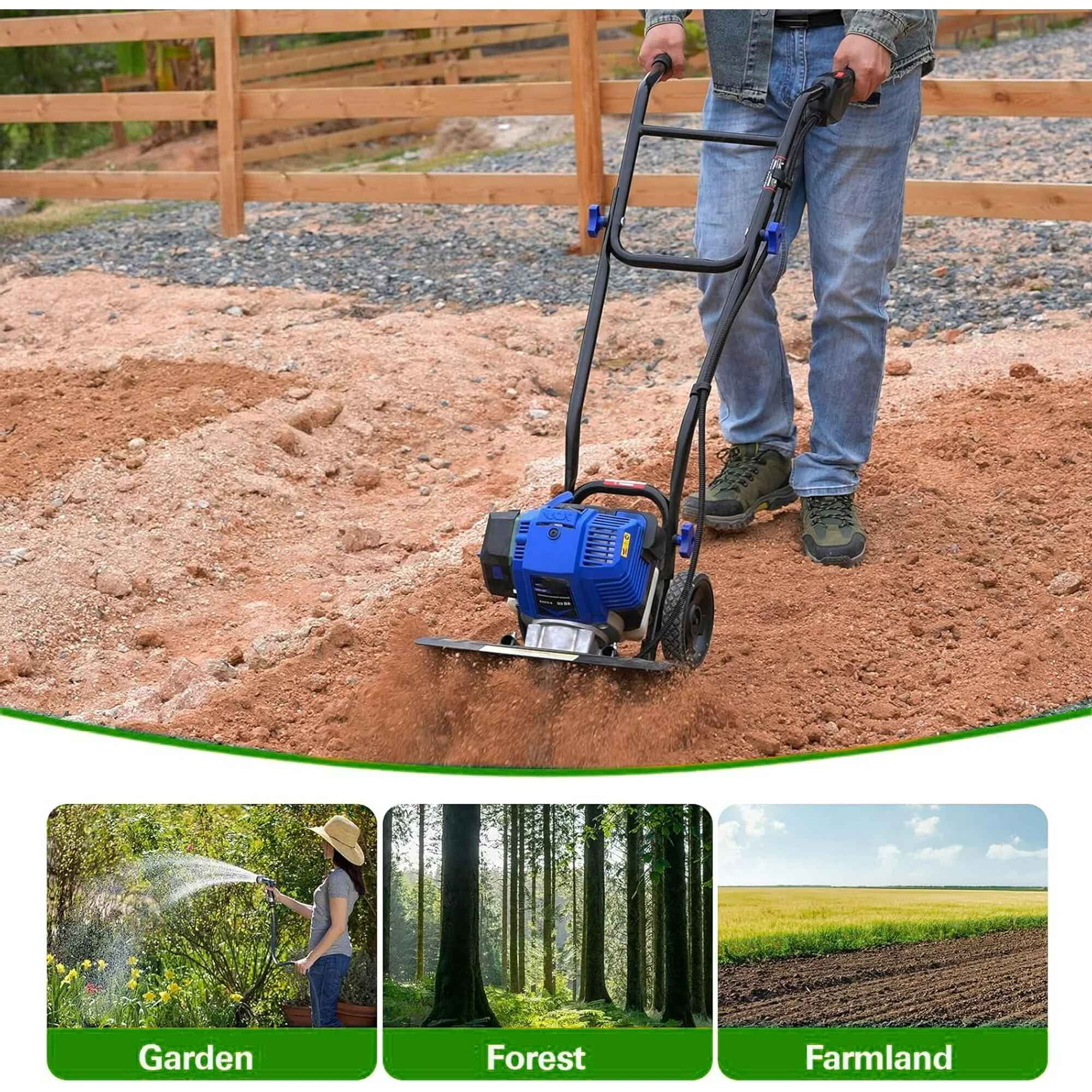 ANILIBATT Gas Garden Tiller, 46cc Power Cultivator for Soil Preparation and Digging (16 in Width, 8 in Depth) w6ict