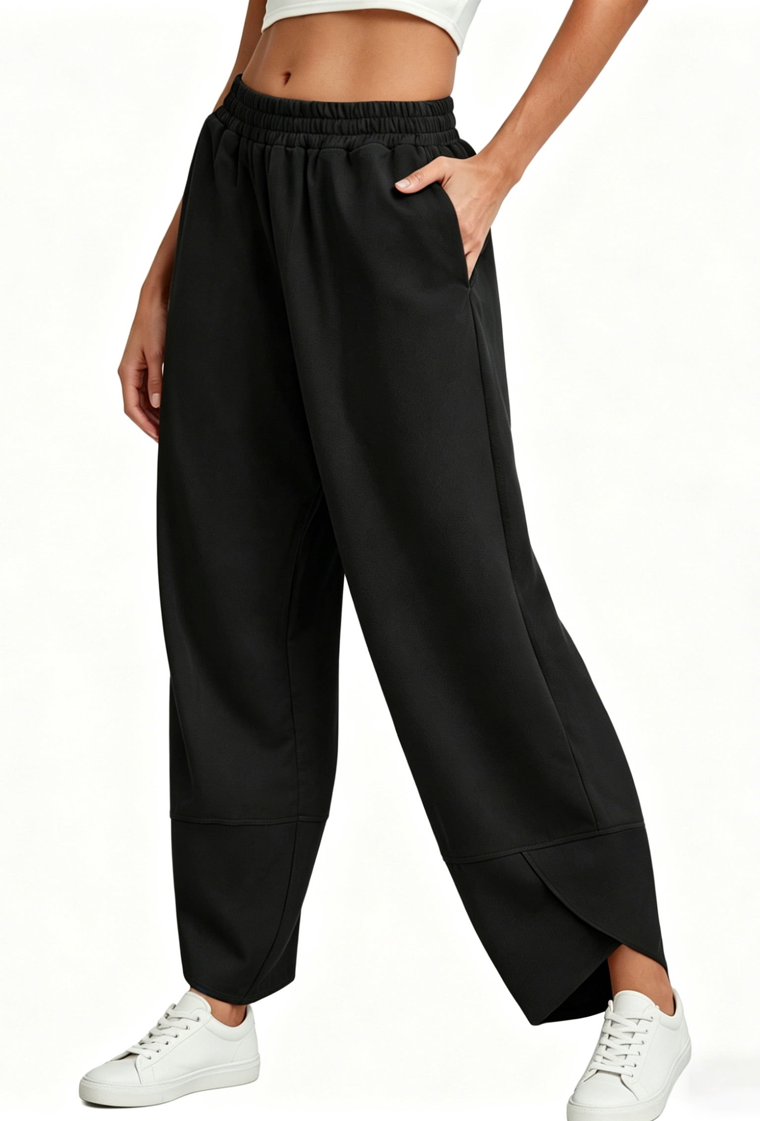 Fantaslook Women's Wide Leg Capri Pants High Waisted Harem Sweatpants with Pockets (Black, S-2XL) r2xe7