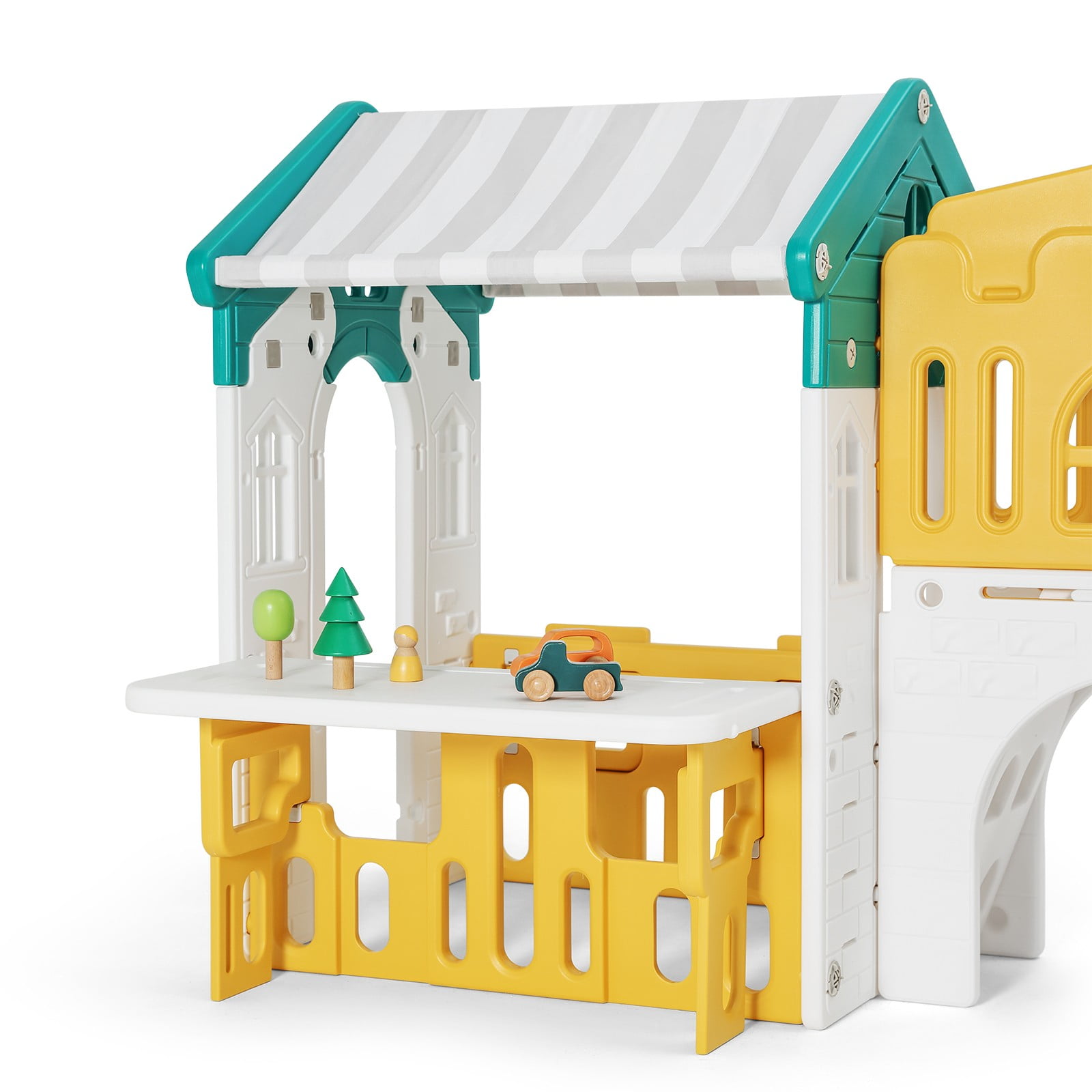 Joyldias 10-in-1 Toddler Slide and Swing Playset with Playhouse and Basketball Hoop (Green, Yellow, White) aeisf