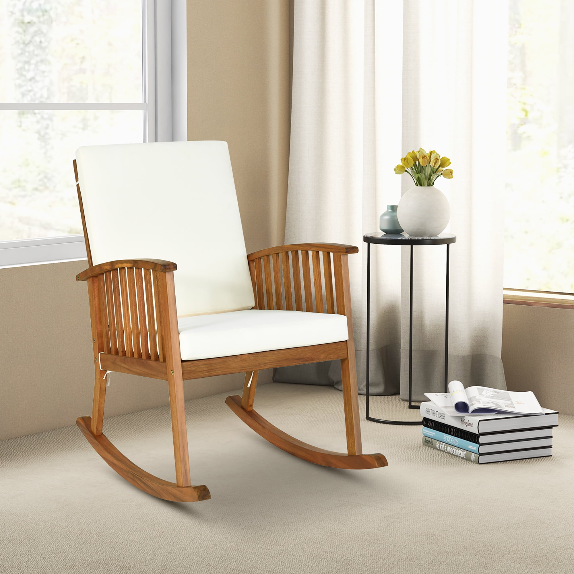 Gymax Patio Wooden Rocking Chair with Armrest Cushion (Brown, 35.5 in x 25 in x 36.5 in) gwno6