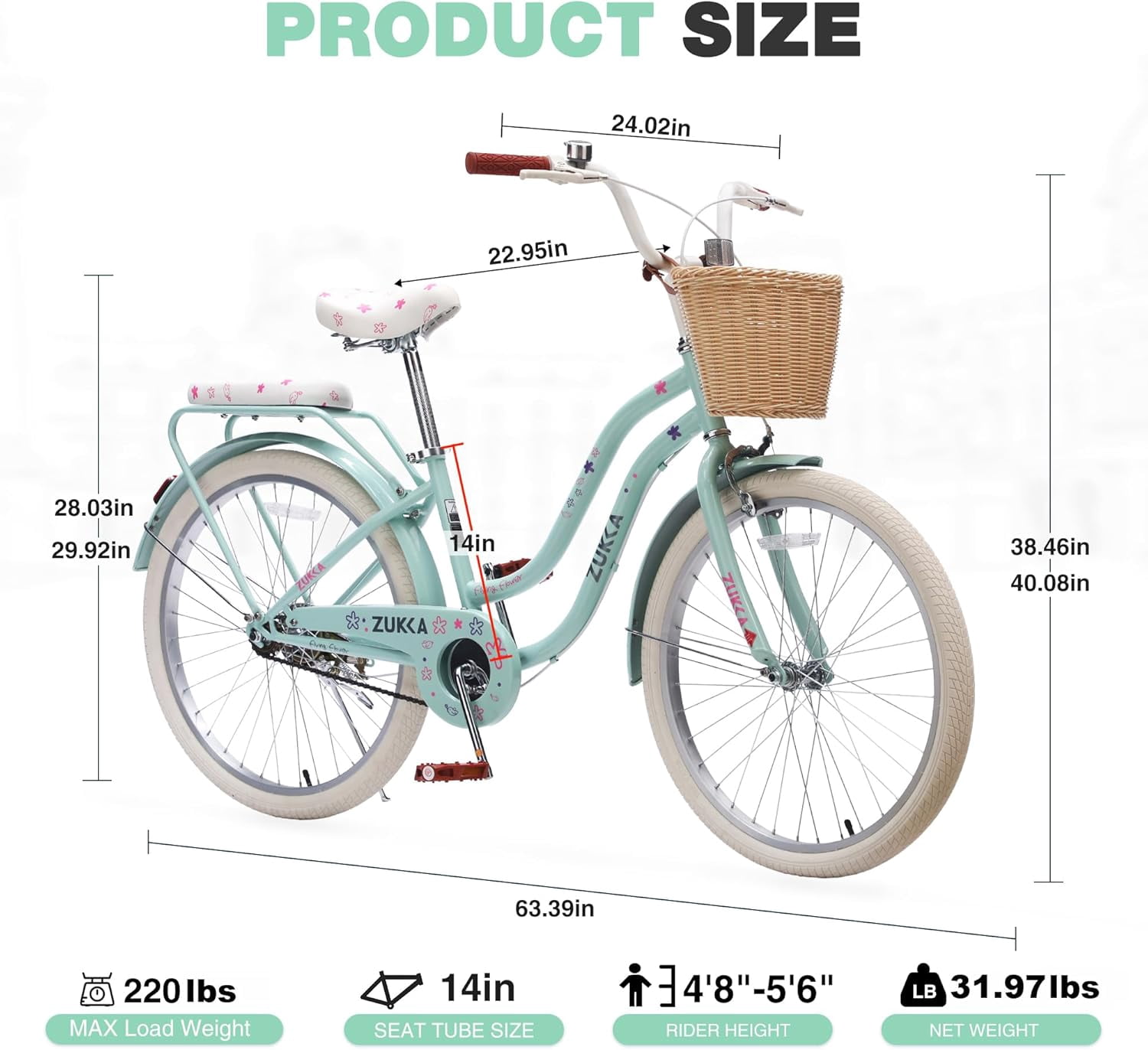 Ambifirner 24 in Cruiser Bike, Single-Speed Retro Steel Frame Bicycle for Women with Dual V-Brakes (Ocean Teal, 24 in) jcp07