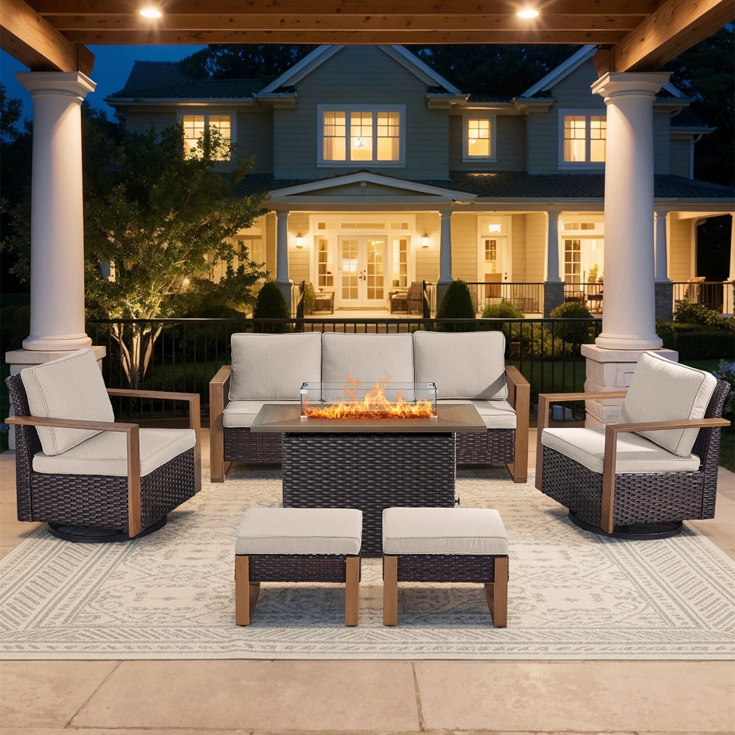 Bellefurn 6-Piece Outdoor Patio Furniture Set with 41 in Propane Fire Pit Table, All-Weather Rattan Deep Seating Conversation Set with Swivel Glider Chairs (Brown, 6-Piece) le5u2