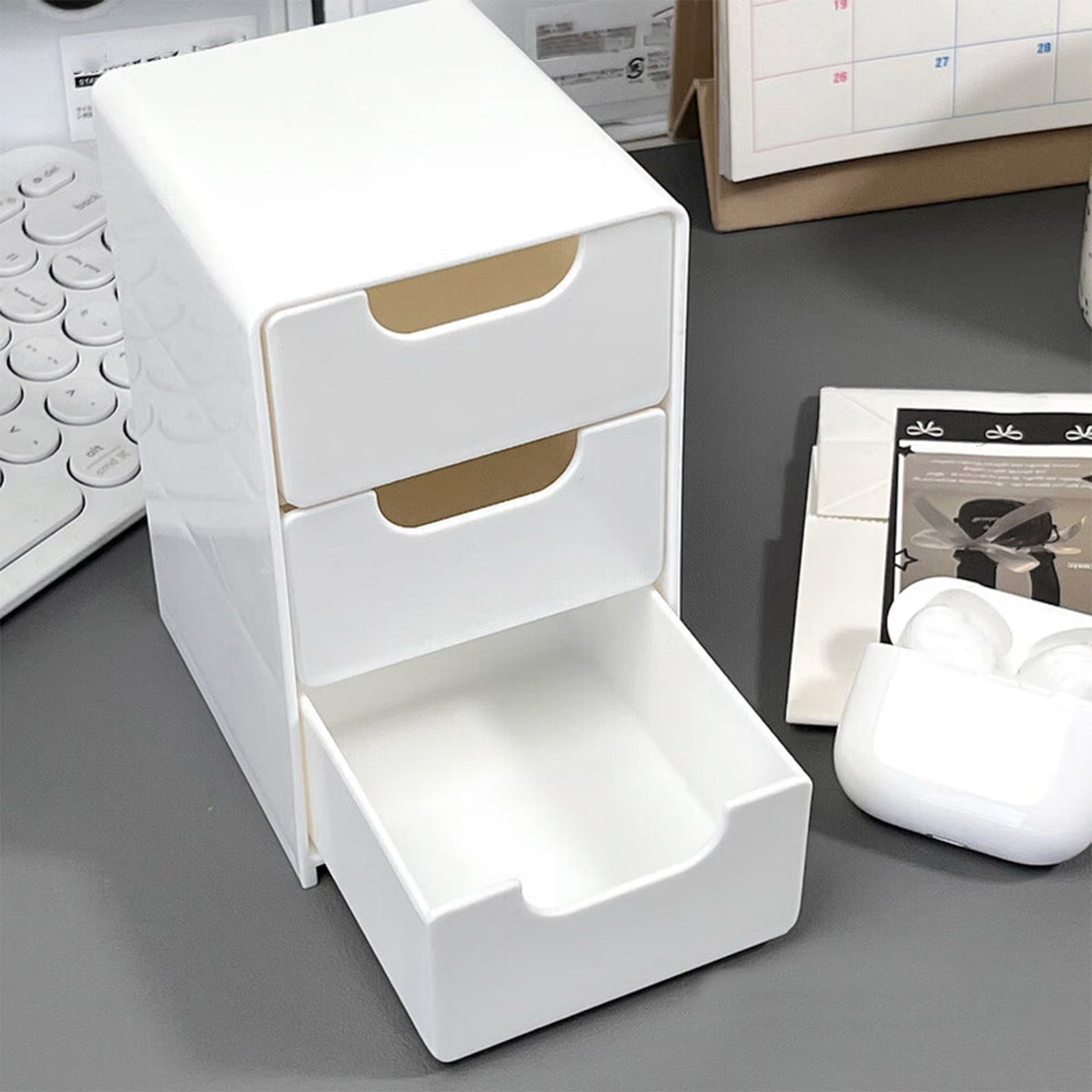 Gnmfd Plastic Drawer Storage Organizer, Stackable Sliding Cabinet for Kitchen, Bathroom, and Office (White, 12 in x 8 in x 6 in) 5a7if