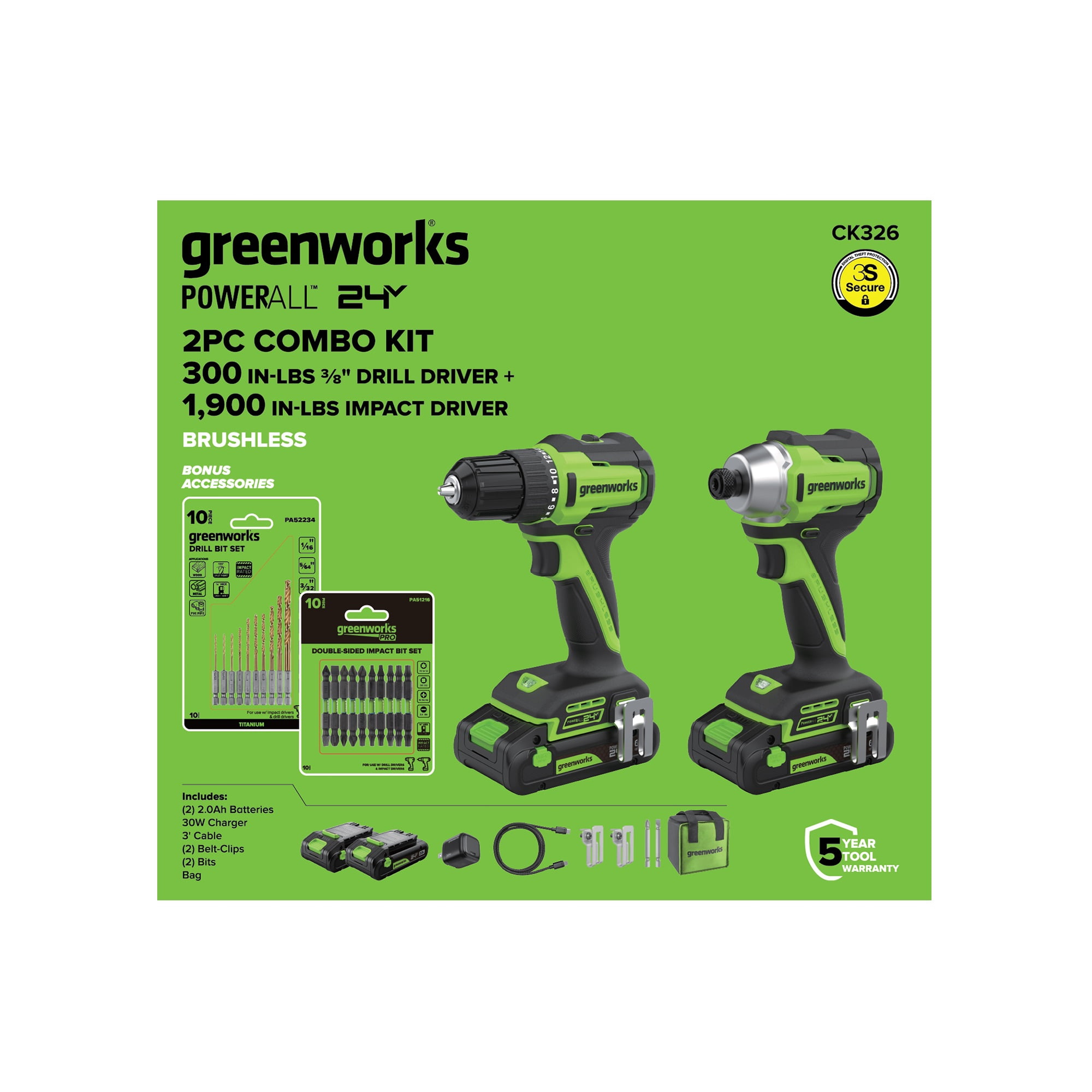 Greenworks 24V 2-Piece Power Tool Combo Kit with Drill and Impact Driver (12-Piece Accessory Set) 561dv